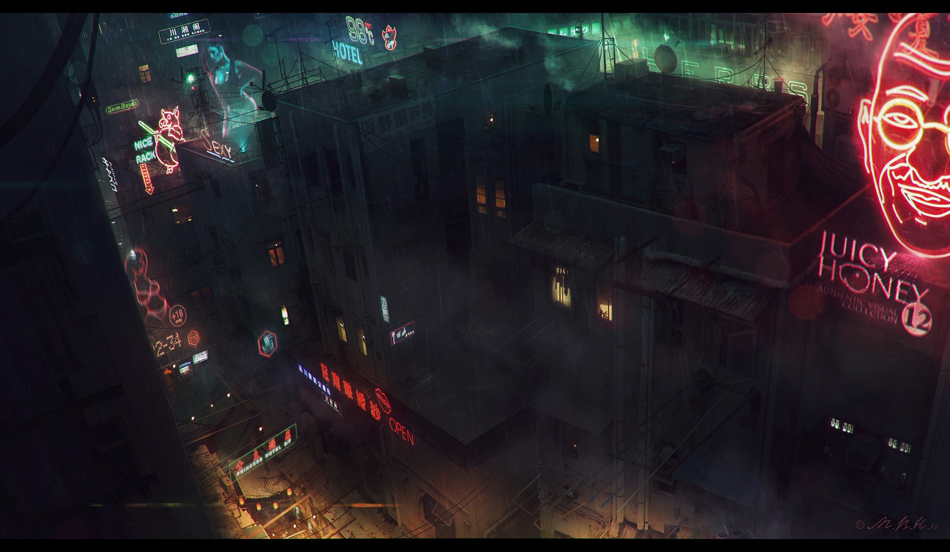 Cyberpunk Cityscape at Night with Neon Signs HD Wallpaper