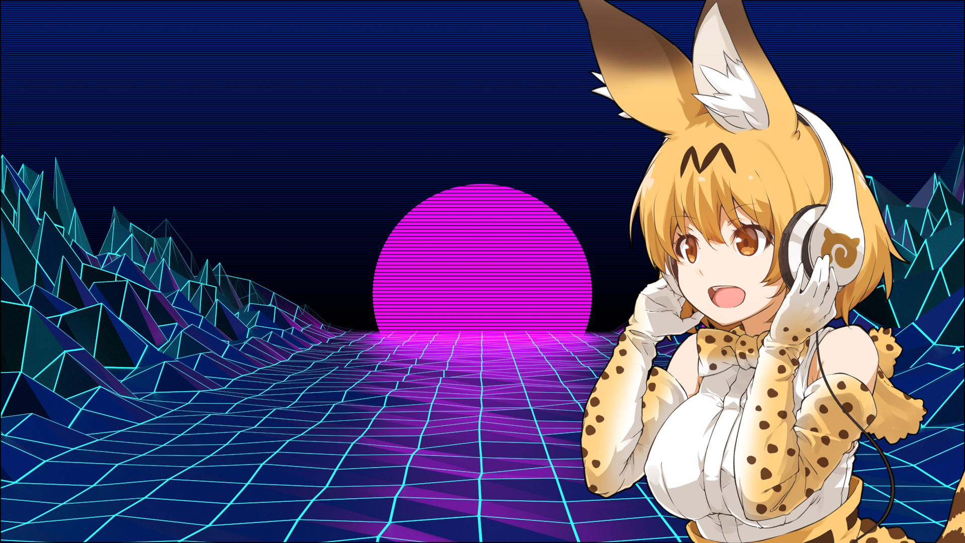 Serval from Kemono Friends listening to music with headphones HD Wallpaper