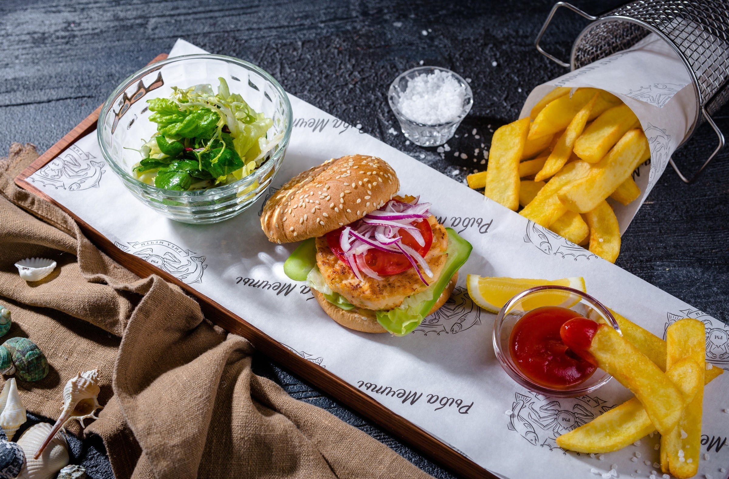 Fish burger with fries, salad, and ketchup HD Wallpaper