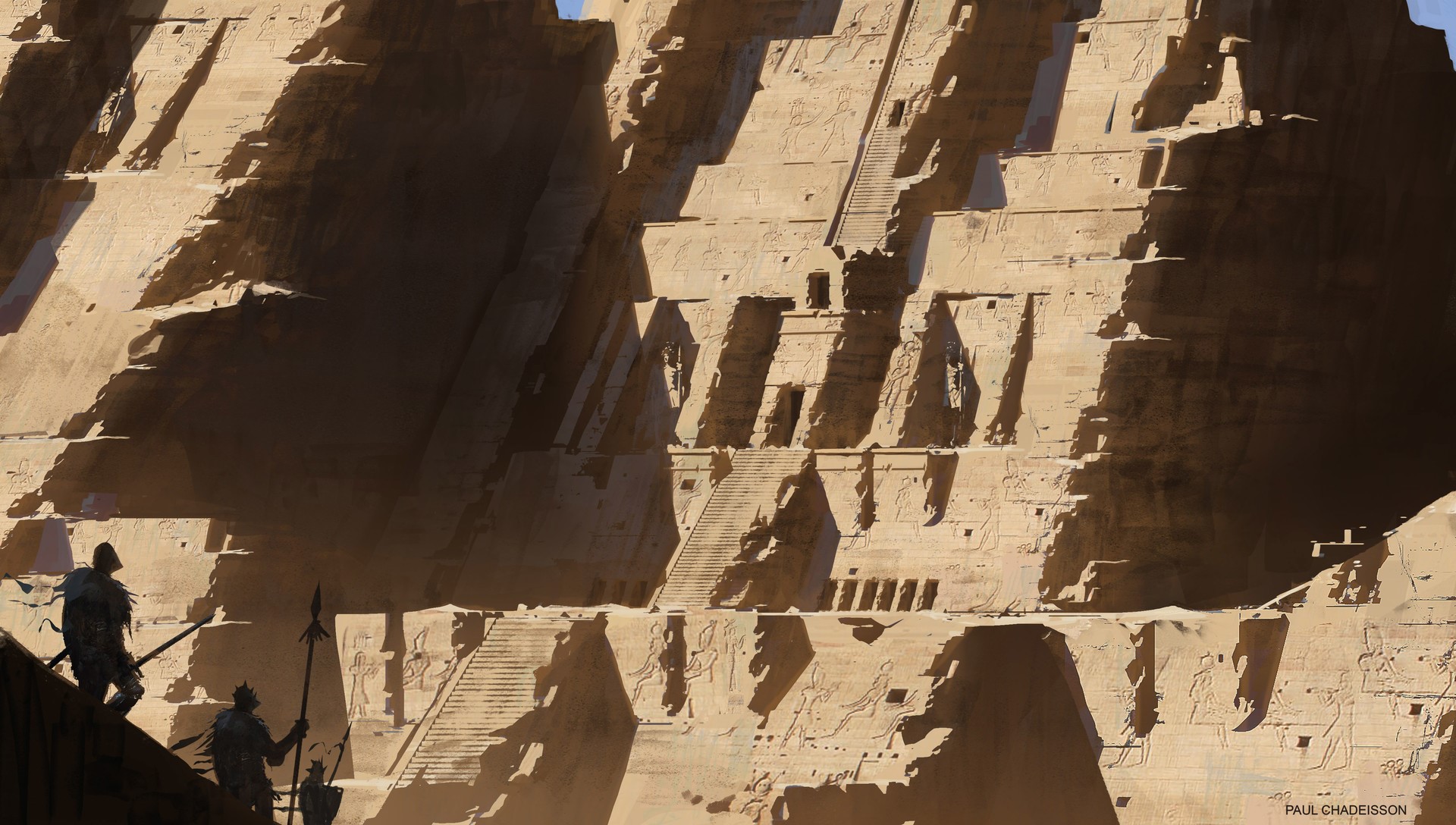 Ancient Egyptian Temple with Hieroglyphs and Guards HD Wallpaper