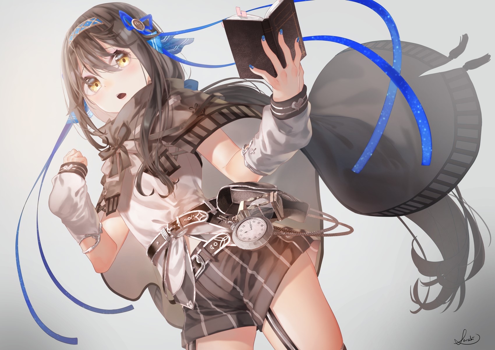 Anime girl with yellow eyes holding a book HD Wallpaper