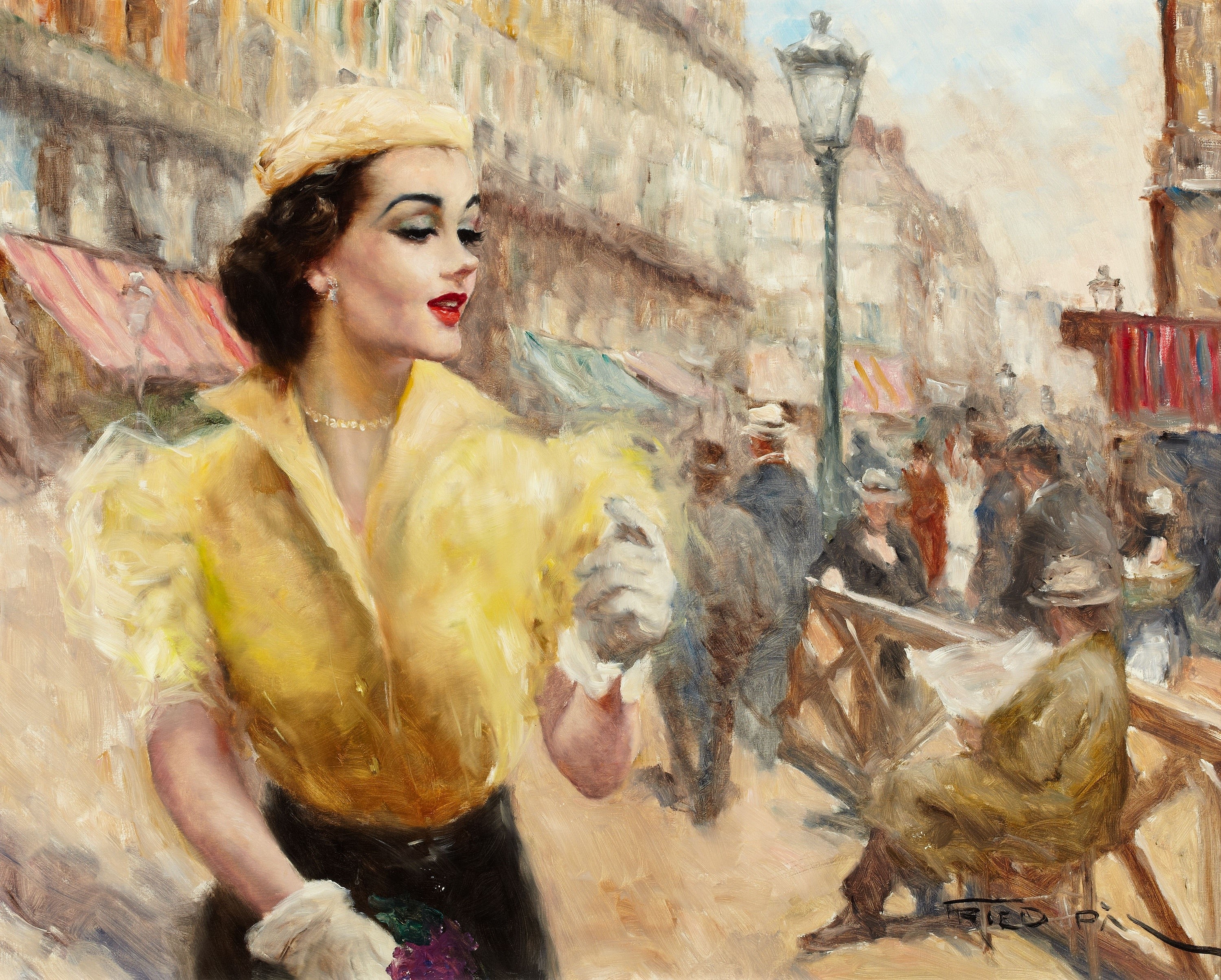 Painting of a woman in a yellow blouse on a Parisian street HD Wallpaper