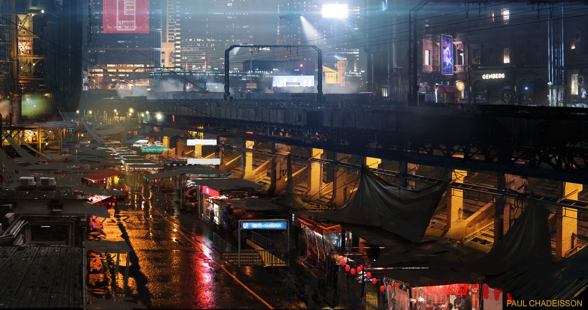 Cyberpunk Cityscape with Market and Train Tracks by Paul Chadeisson HD Wallpaper
