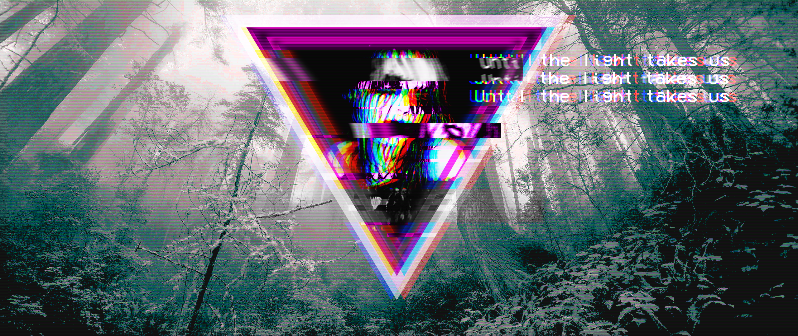 Glitch art forest with text overlay HD Wallpaper