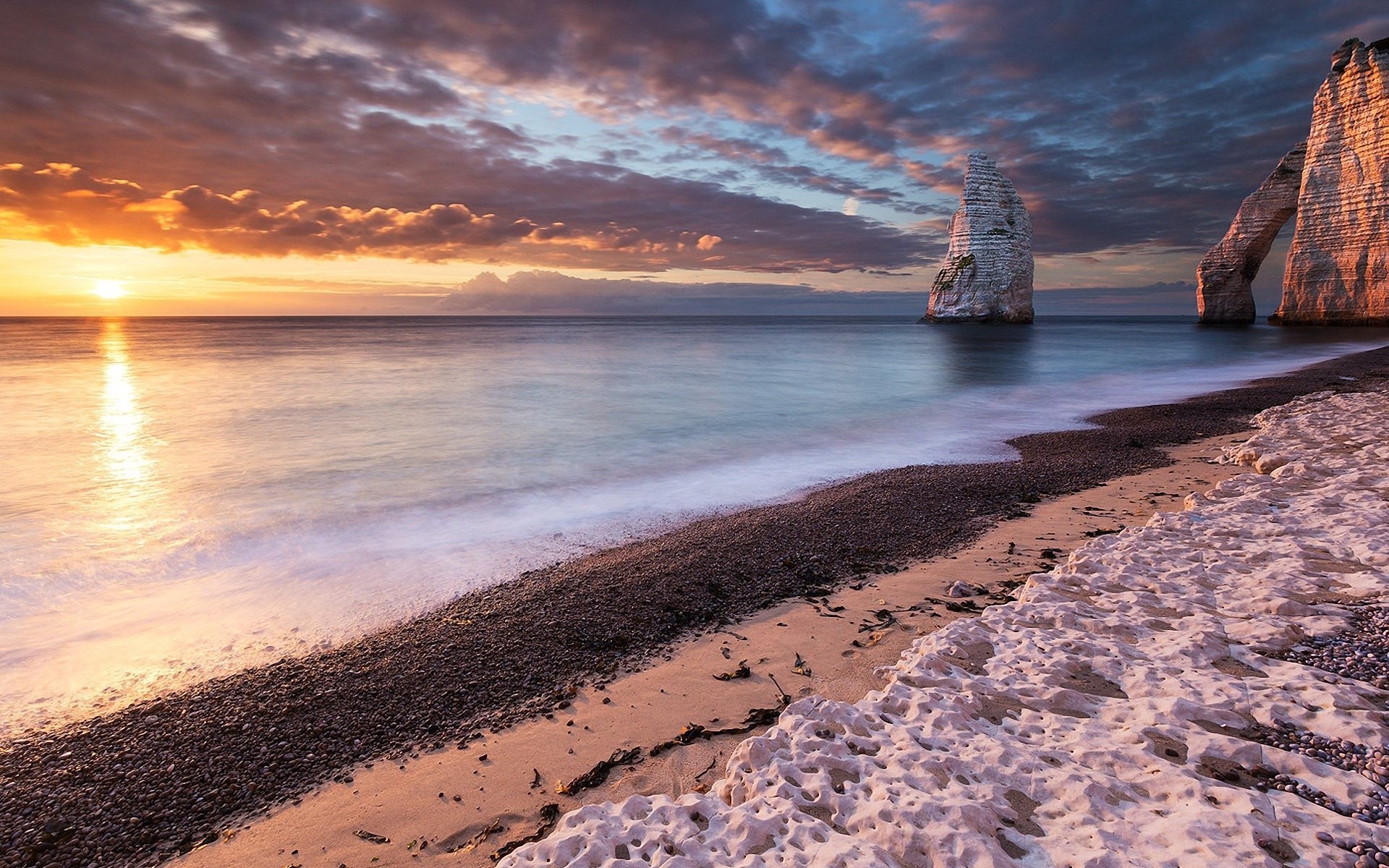 Etretat cliffs at sunset with calm sea HD Wallpaper