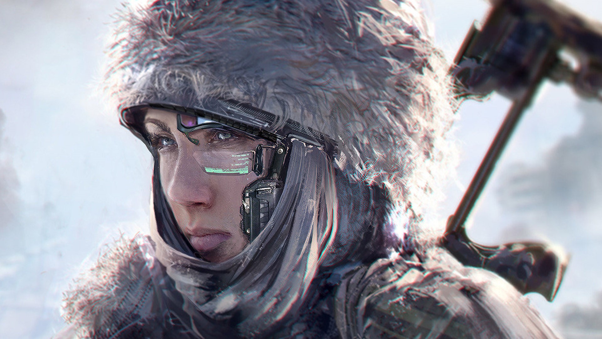 Woman in futuristic gear with a weapon HD Wallpaper