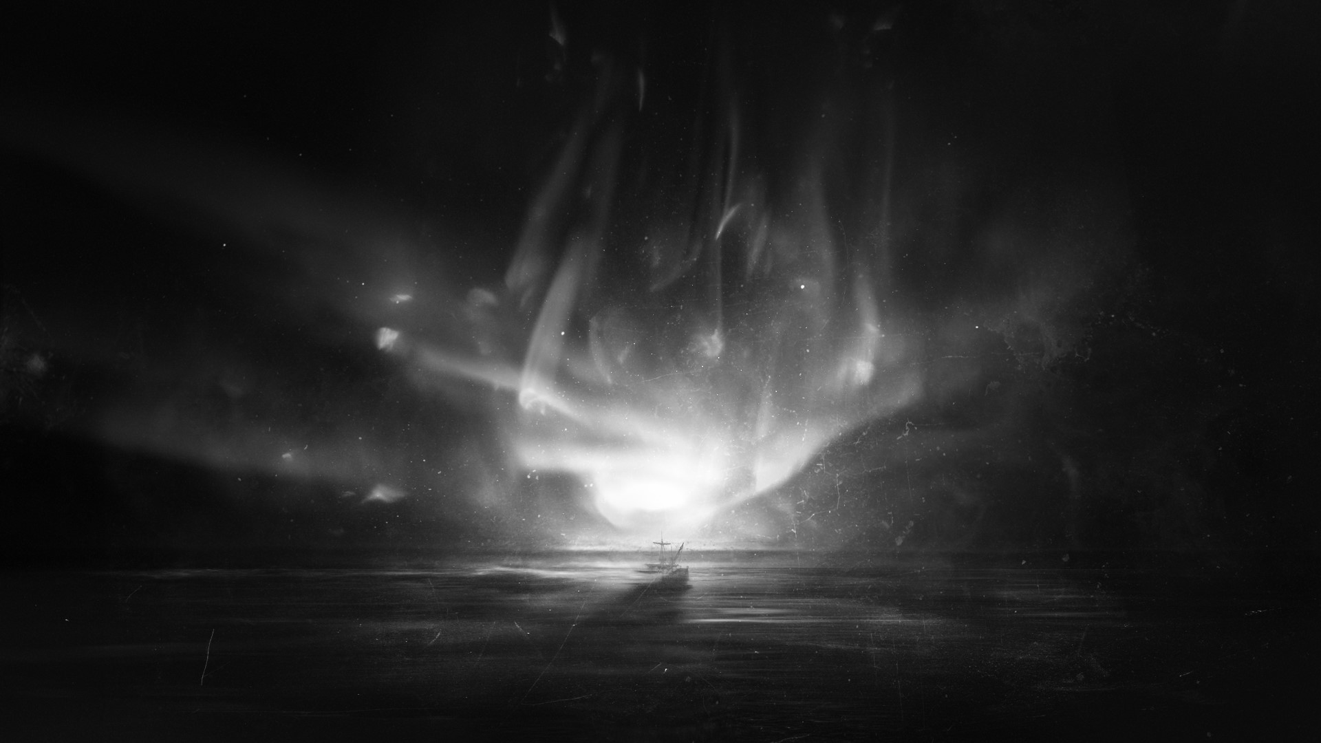 Felix Soletic monochrome aurorae over ship in Arctic HD Wallpaper
