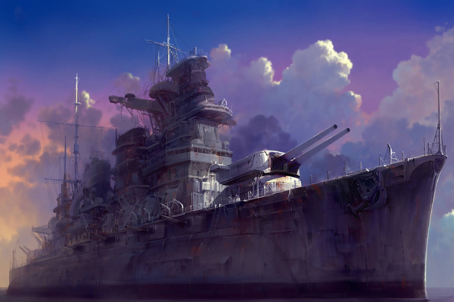 Artwork of a large battleship under a colorful sky HD Wallpaper