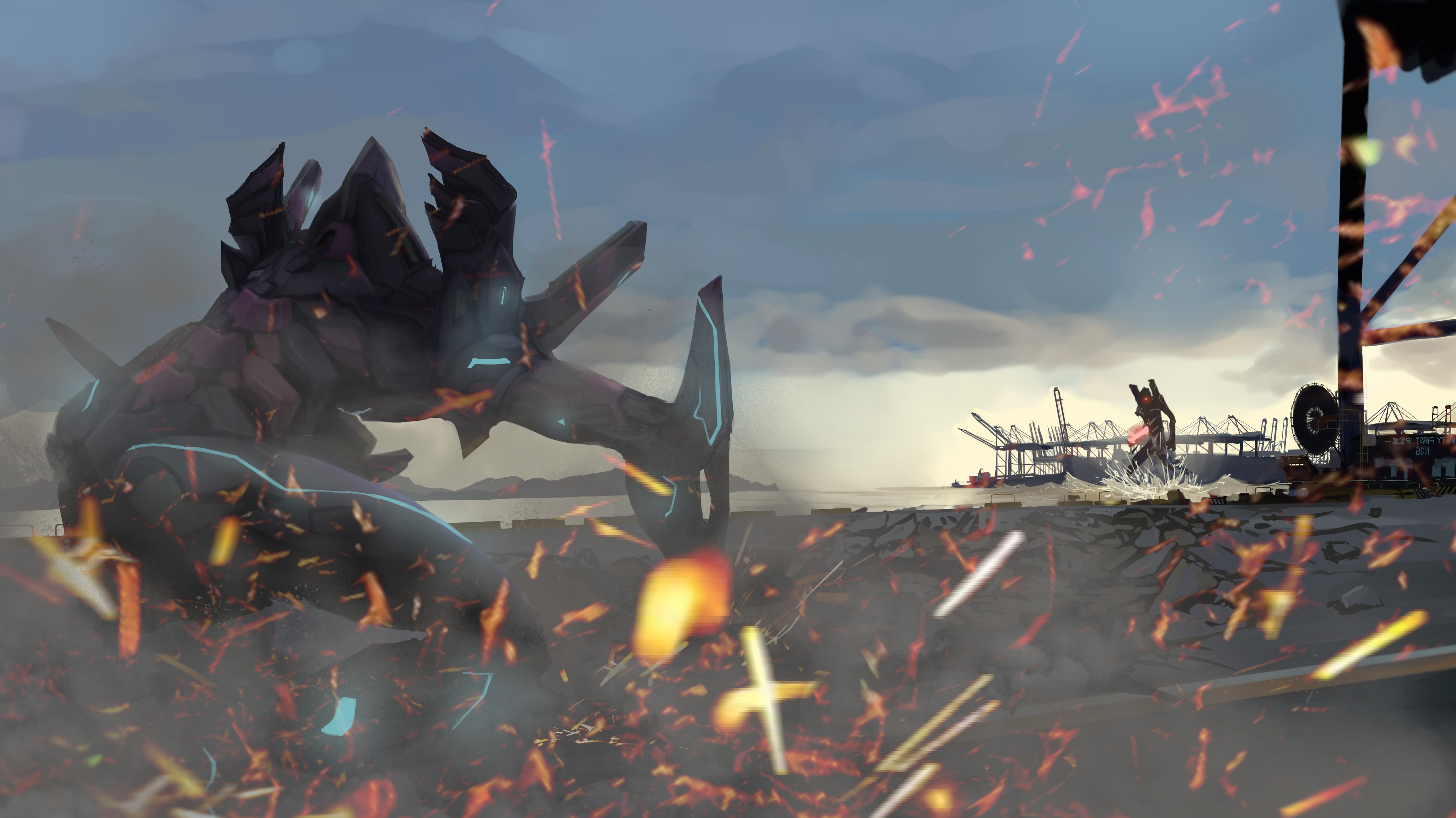 Mech fighting in a destroyed industrial area HD Wallpaper