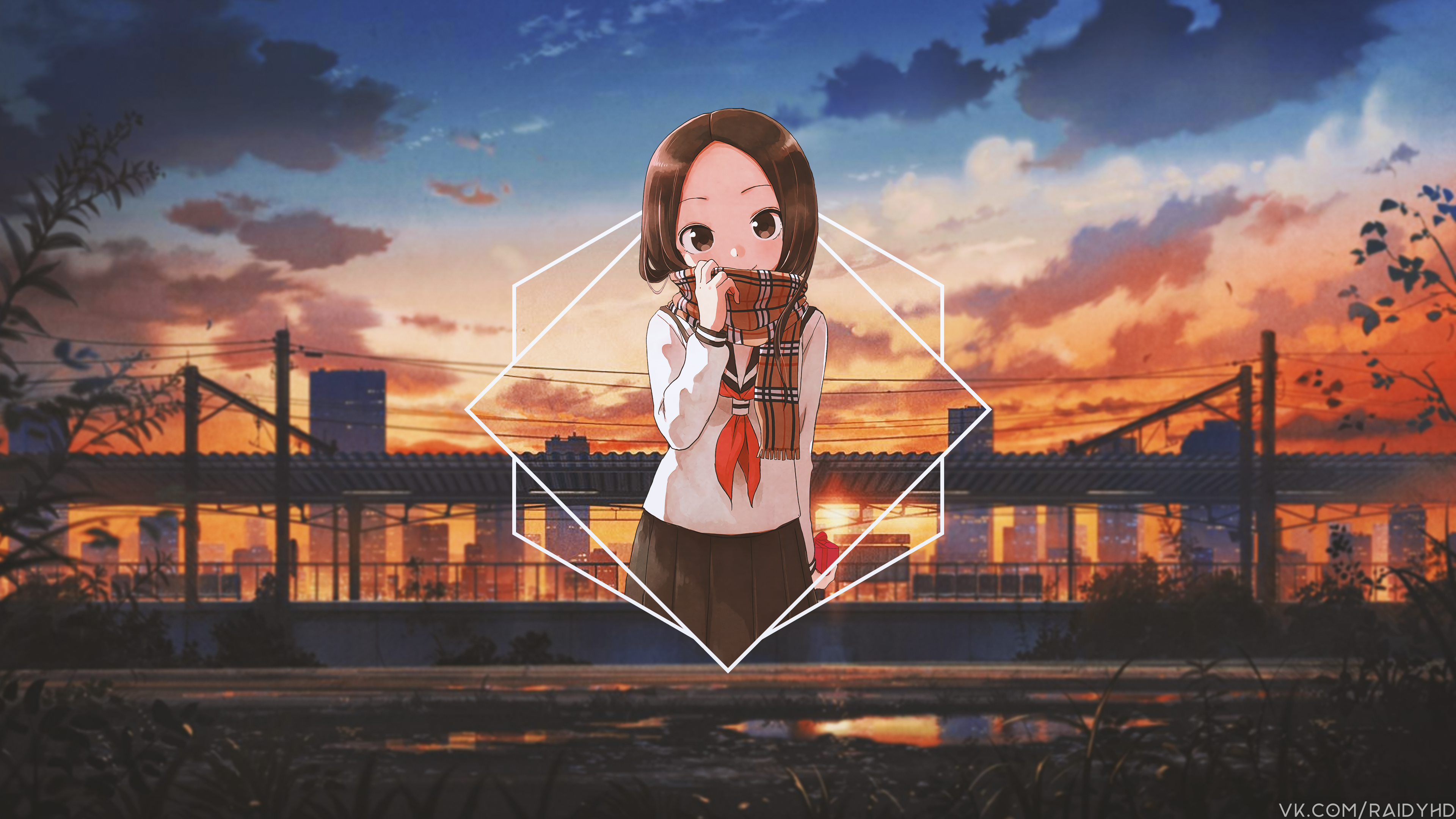 Anime girl with scarf at sunset HD Wallpaper