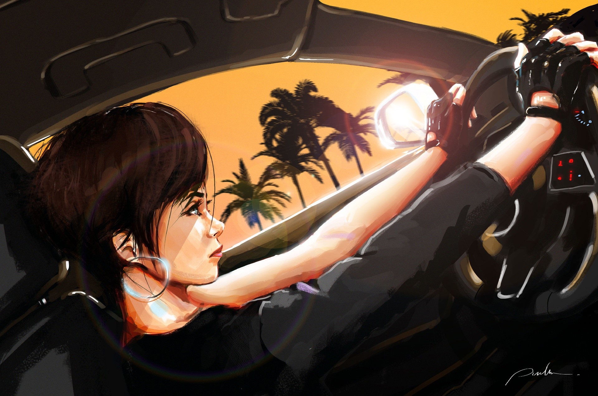 Woman driving a car at sunset with palm trees HD Wallpaper