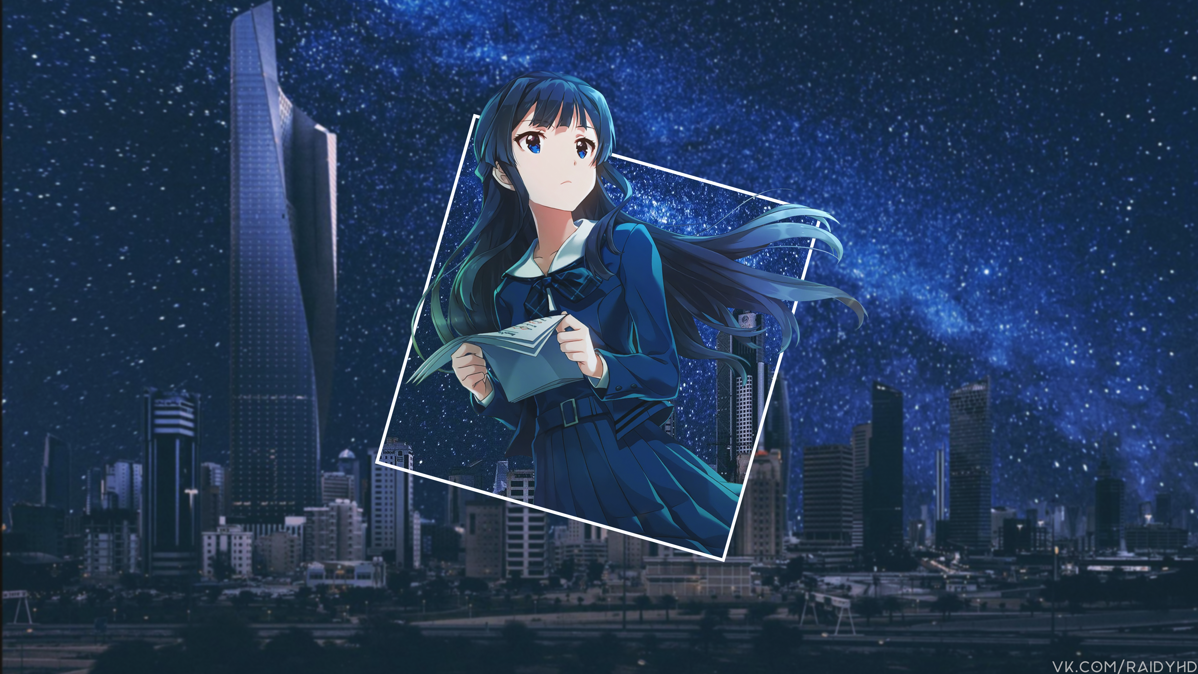 Anime girl in school uniform with cityscape and starry sky HD Wallpaper