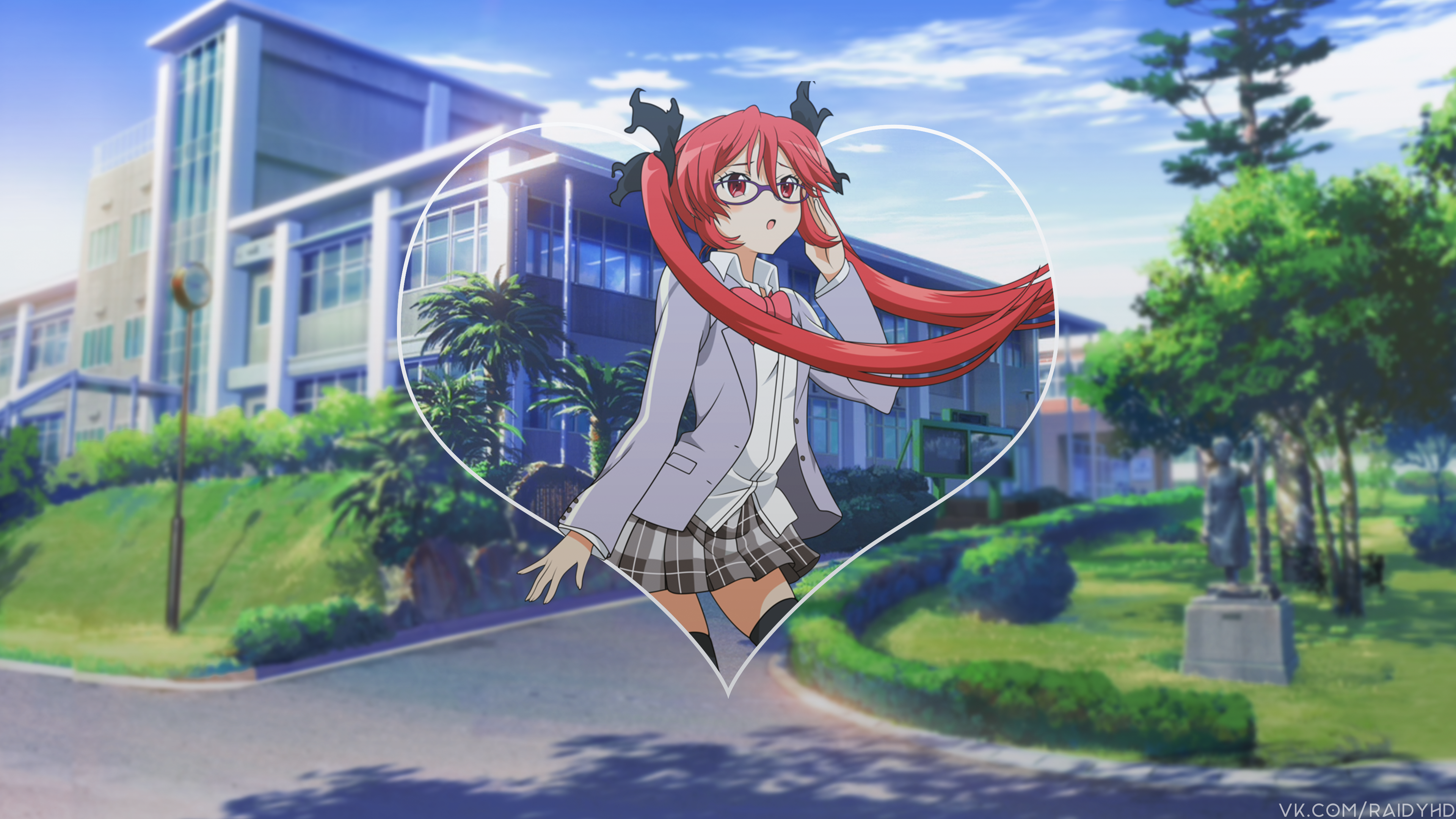 Anime girl with red hair and glasses in front of school HD Wallpaper