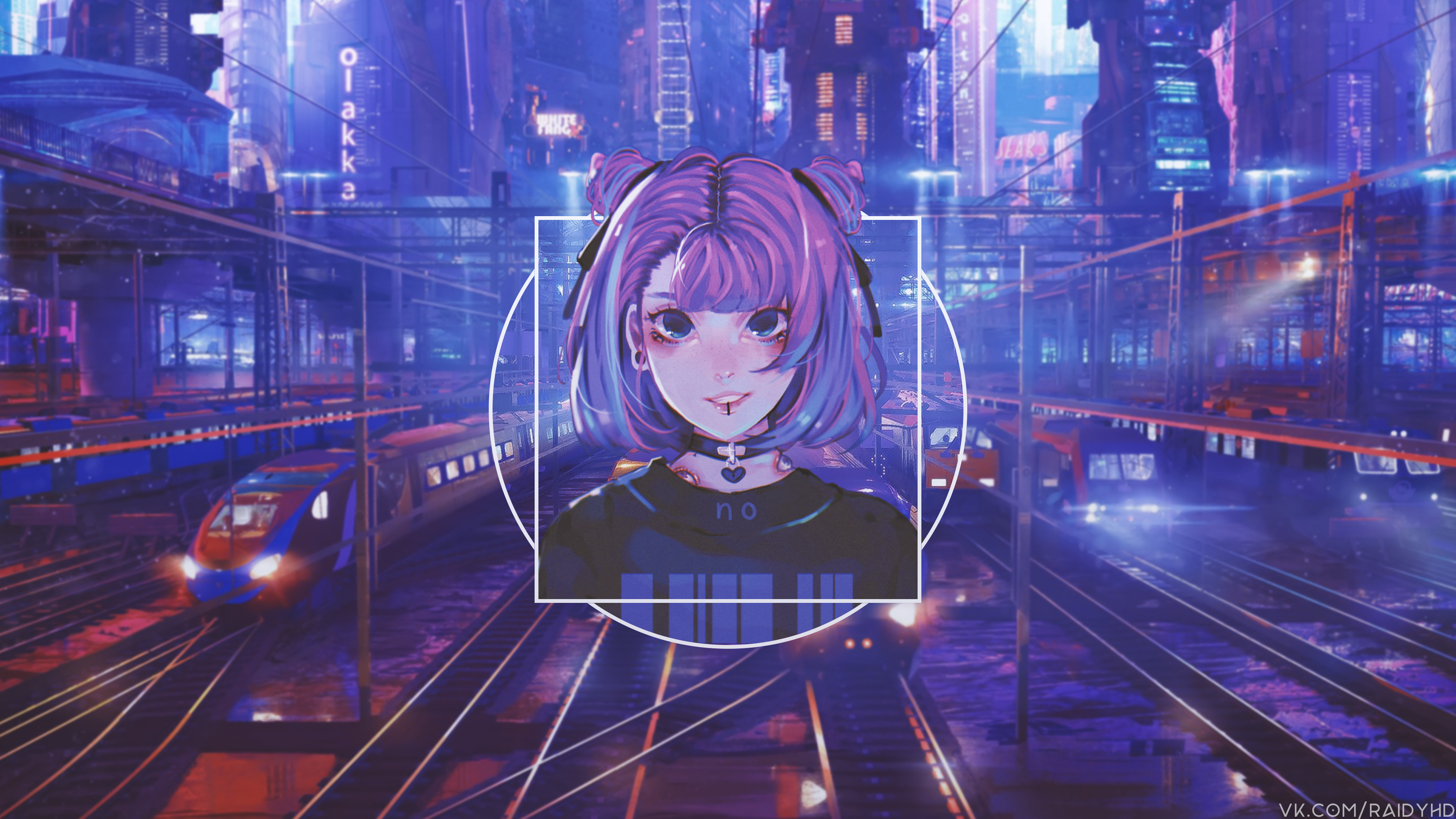 Anime girl with pink hair at a futuristic train station HD Wallpaper
