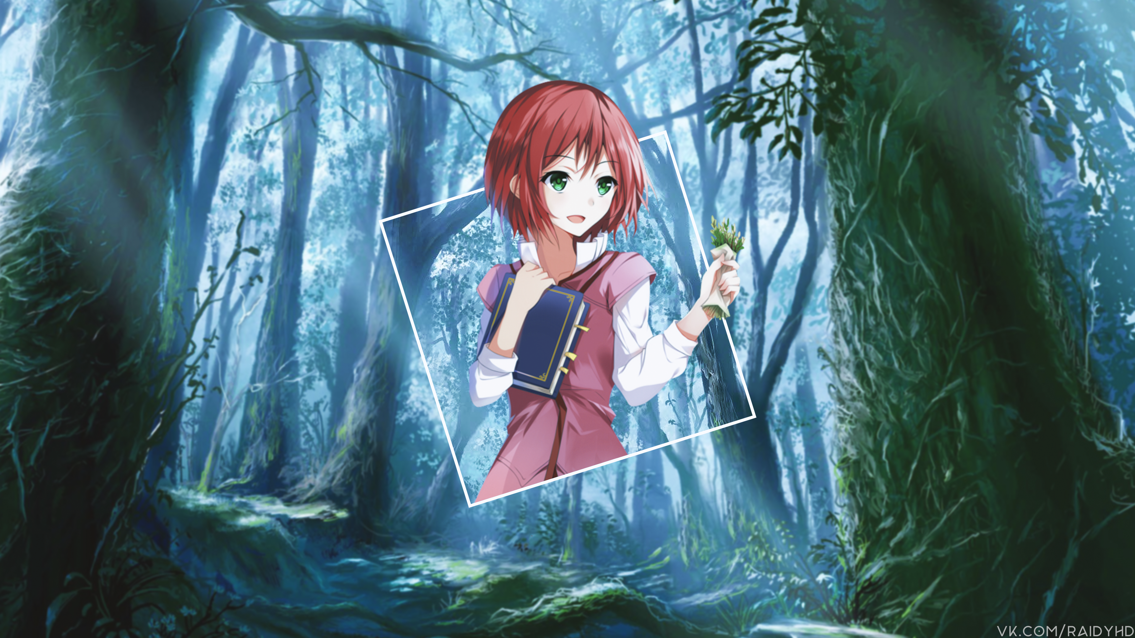 Anime girl with book and plant in forest HD Wallpaper