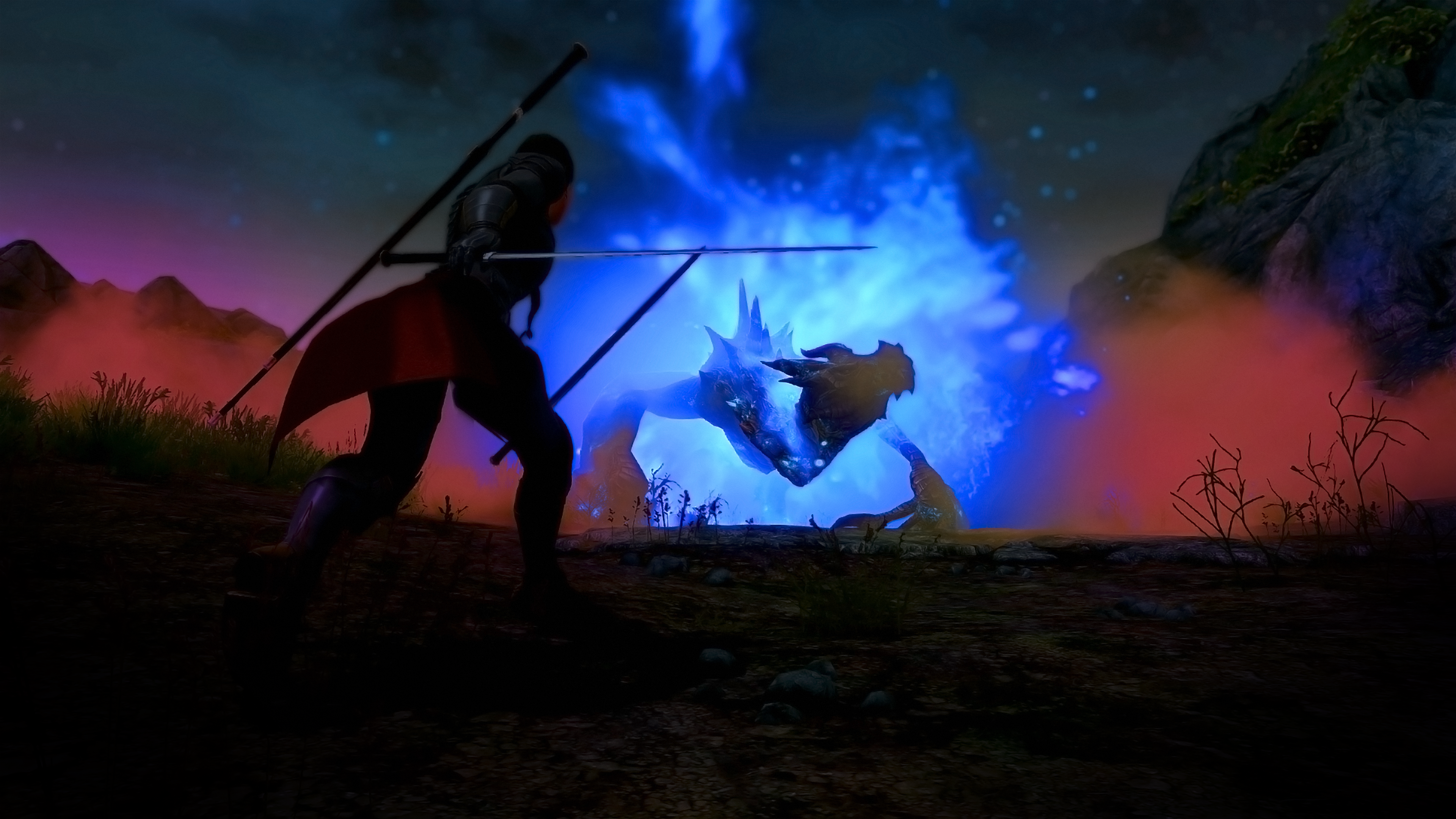 Warrior fighting a dragon in a video game HD Wallpaper