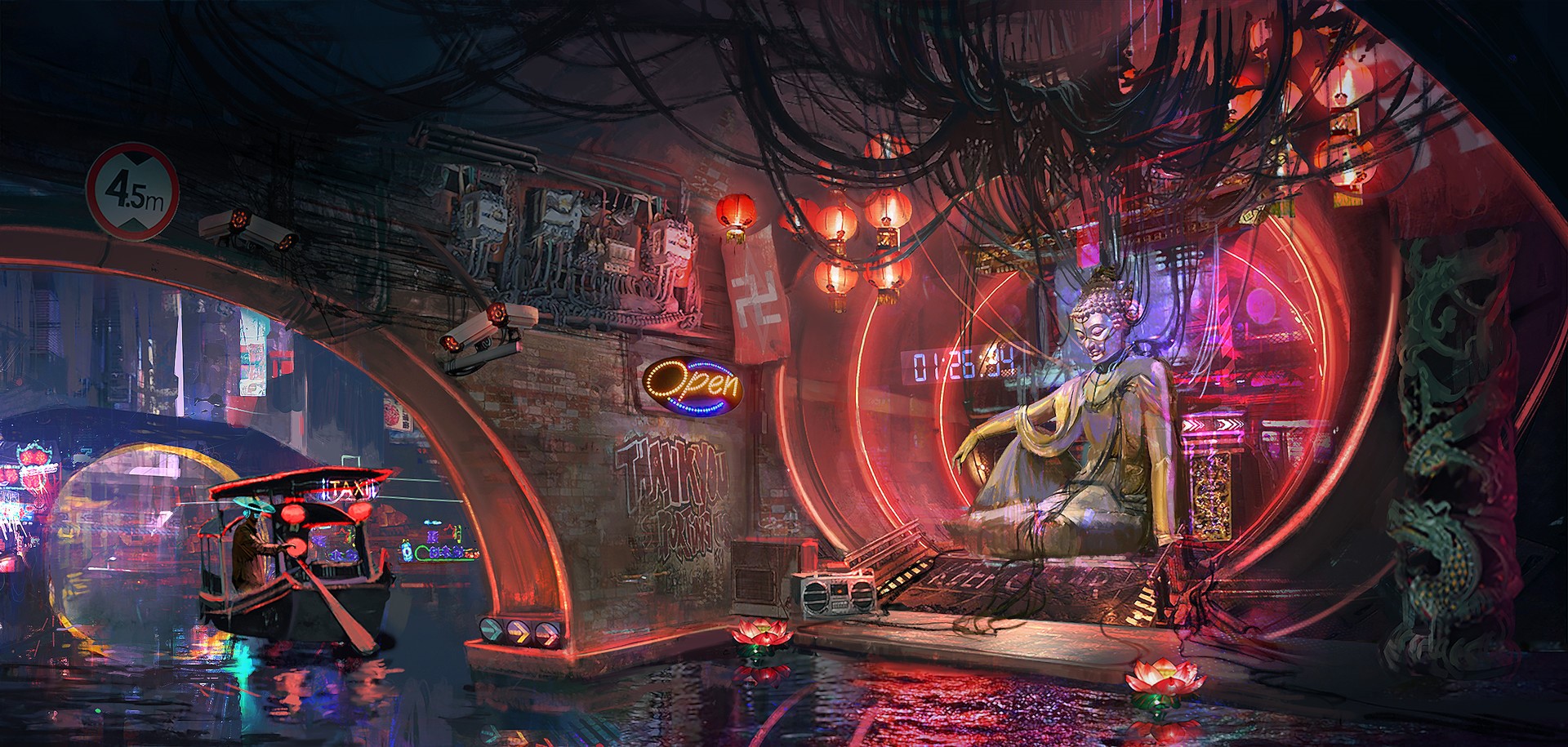 Cyberpunk Cityscape with Buddha Statue and Gondola HD Wallpaper
