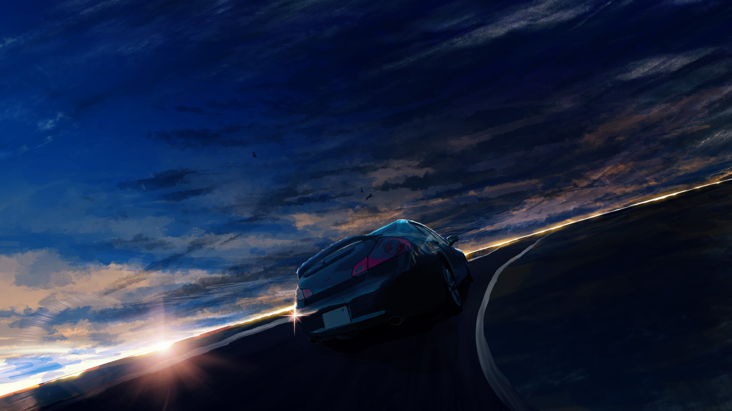 Car driving on a road at sunrise HD Wallpaper