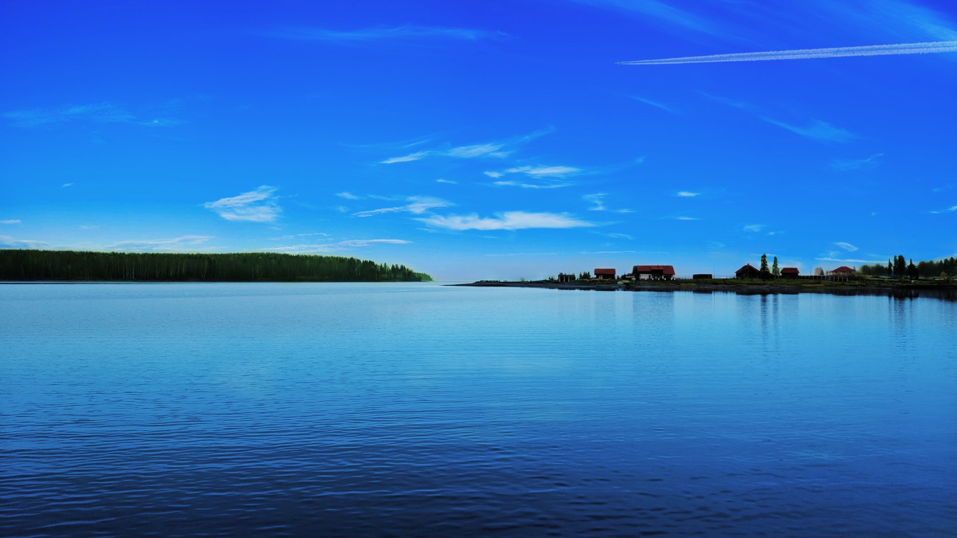 Village on the lake under a blue sky with clouds HD Wallpaper