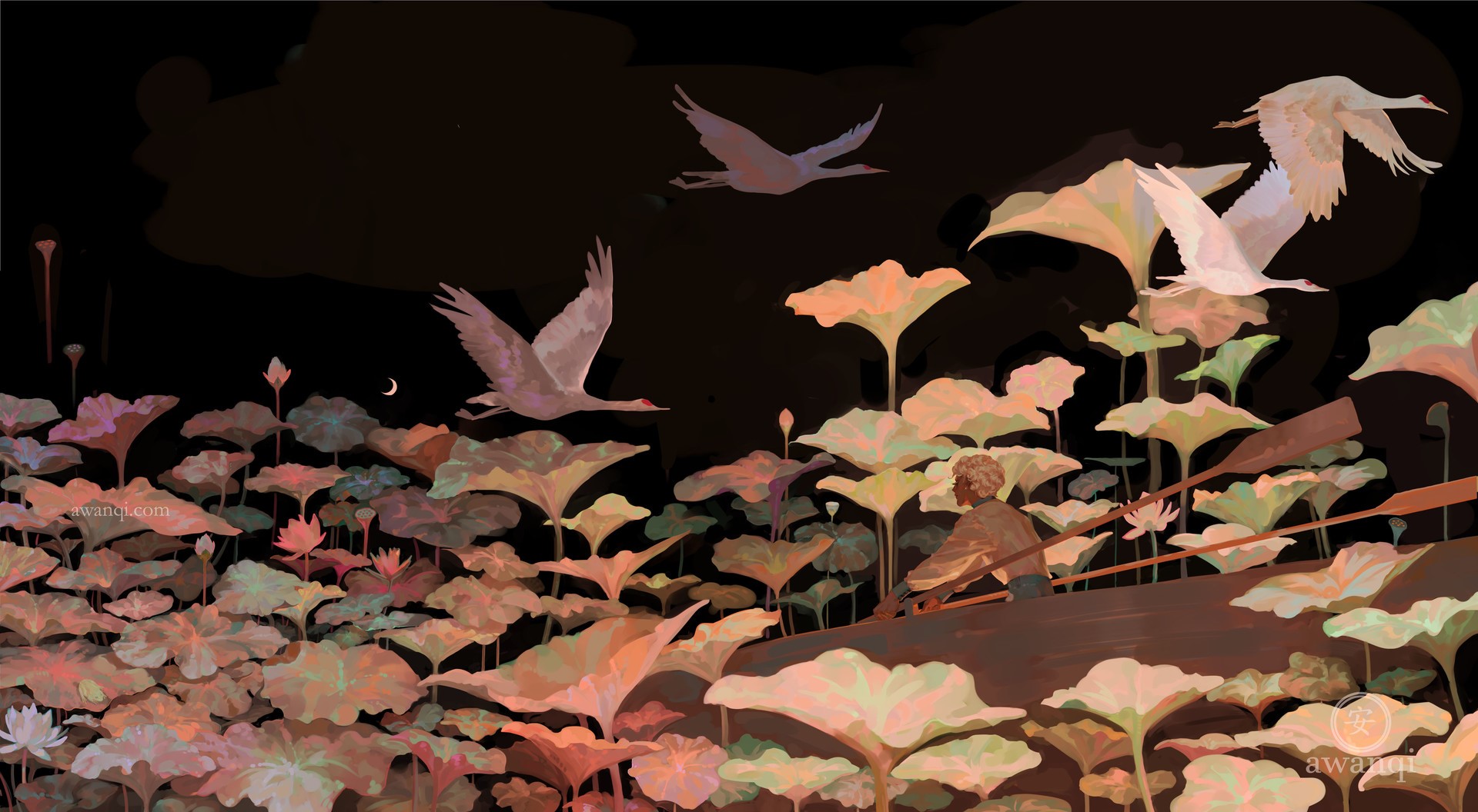 Fantasy art of birds flying over a rowboat in a lotus pond at night HD Wallpaper