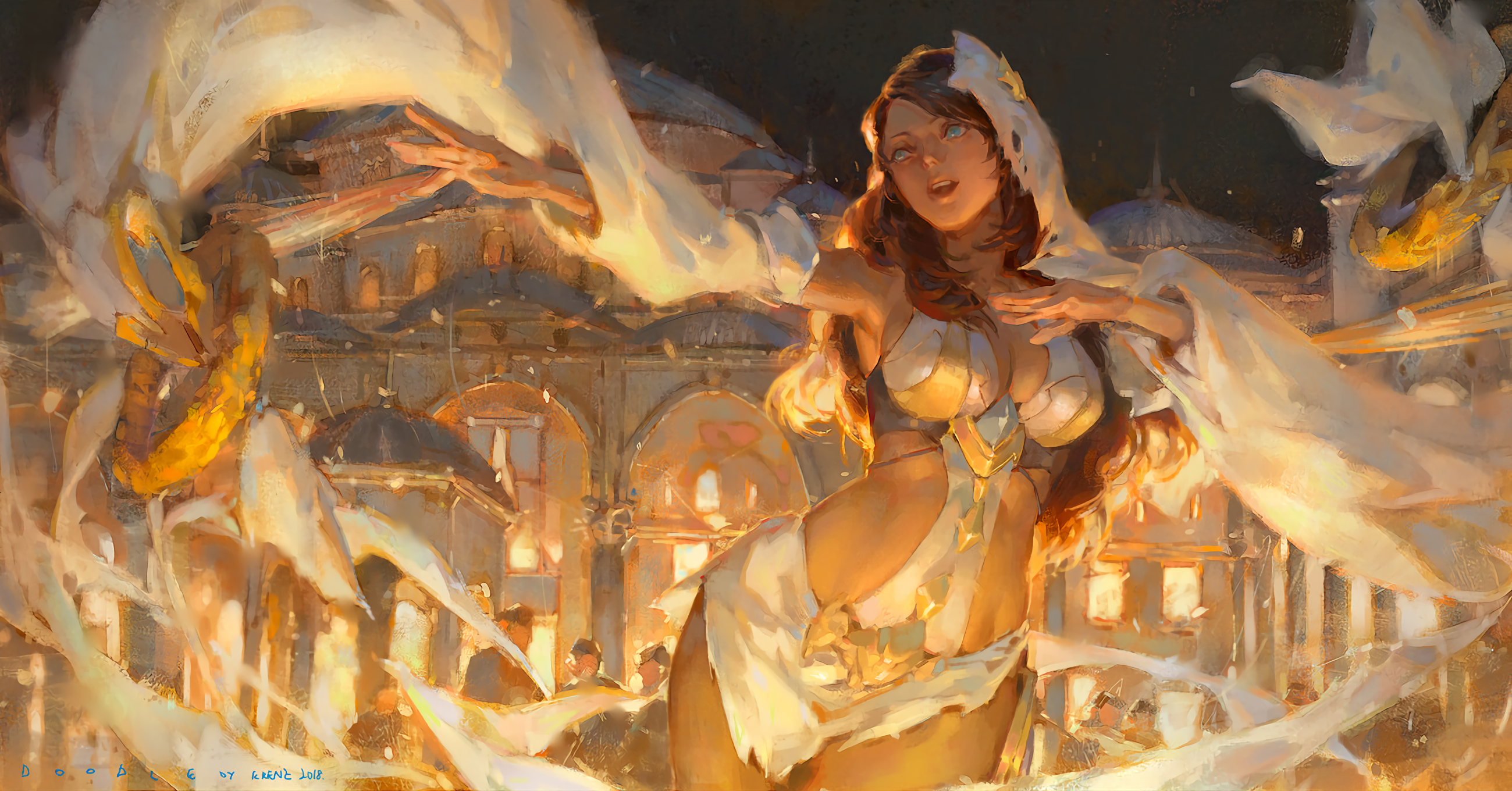 Woman in gold and white cloth in a fantasy city at night HD Wallpaper