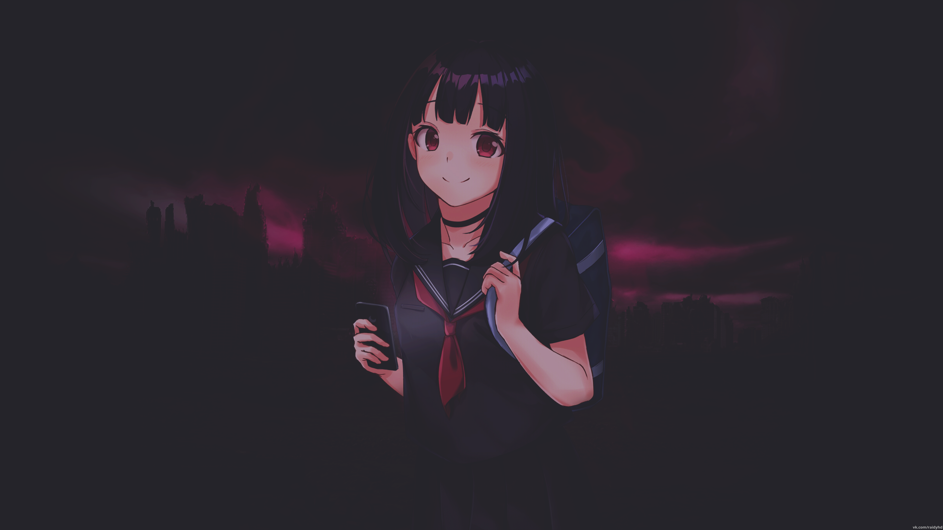 Anime girl with backpack and phone HD Wallpaper