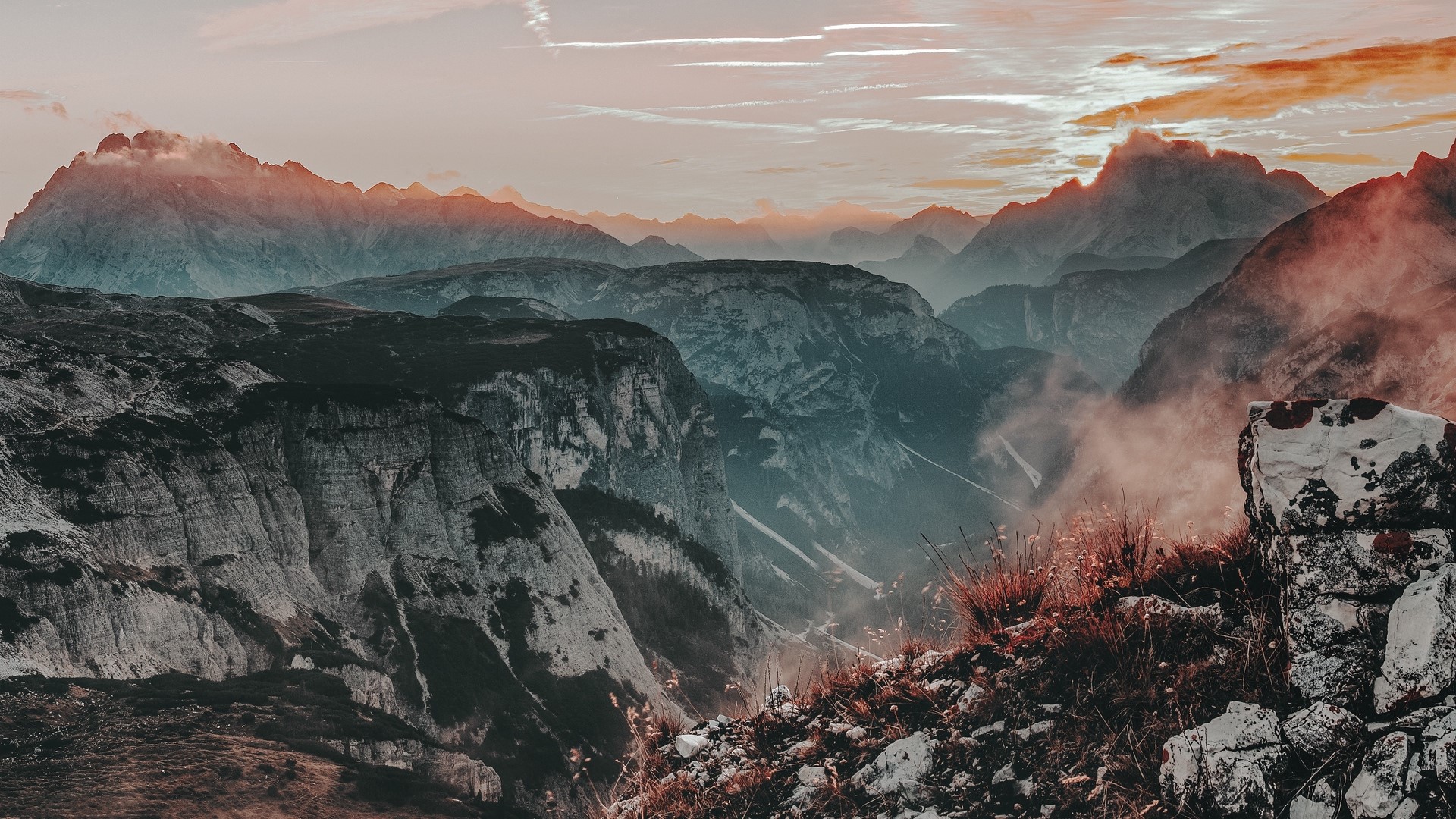 Misty mountains at sunset HD Wallpaper