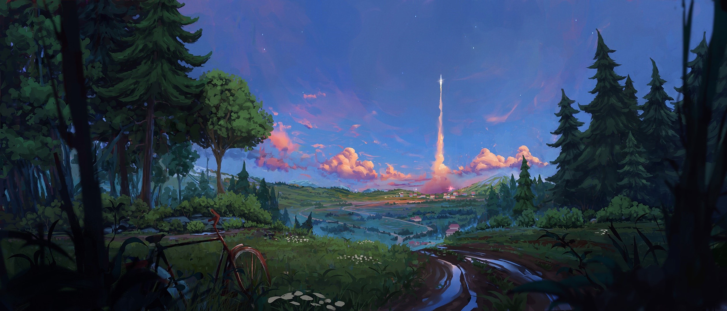 Artwork of a landscape with a rocket launch HD Wallpaper