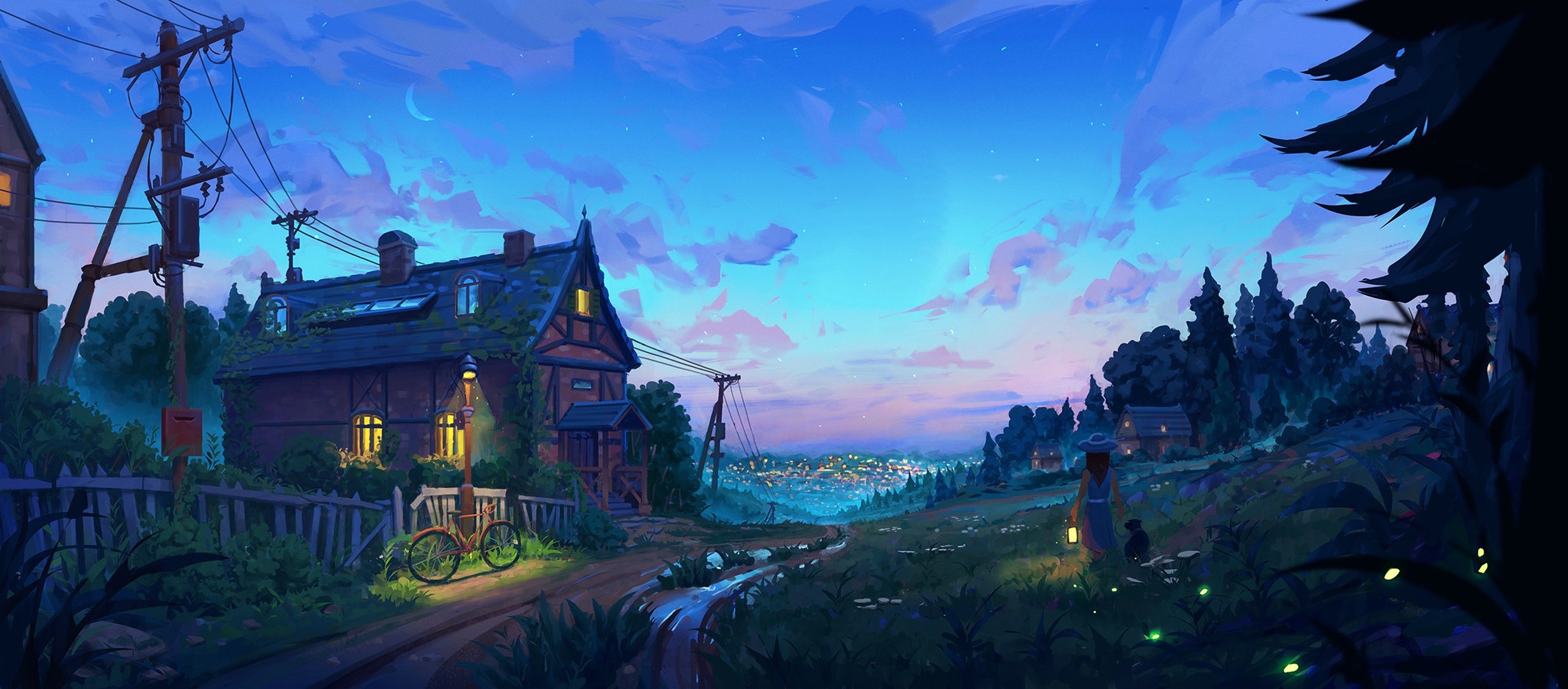 Anime landscape with houses and a bicycle at dusk HD Wallpaper