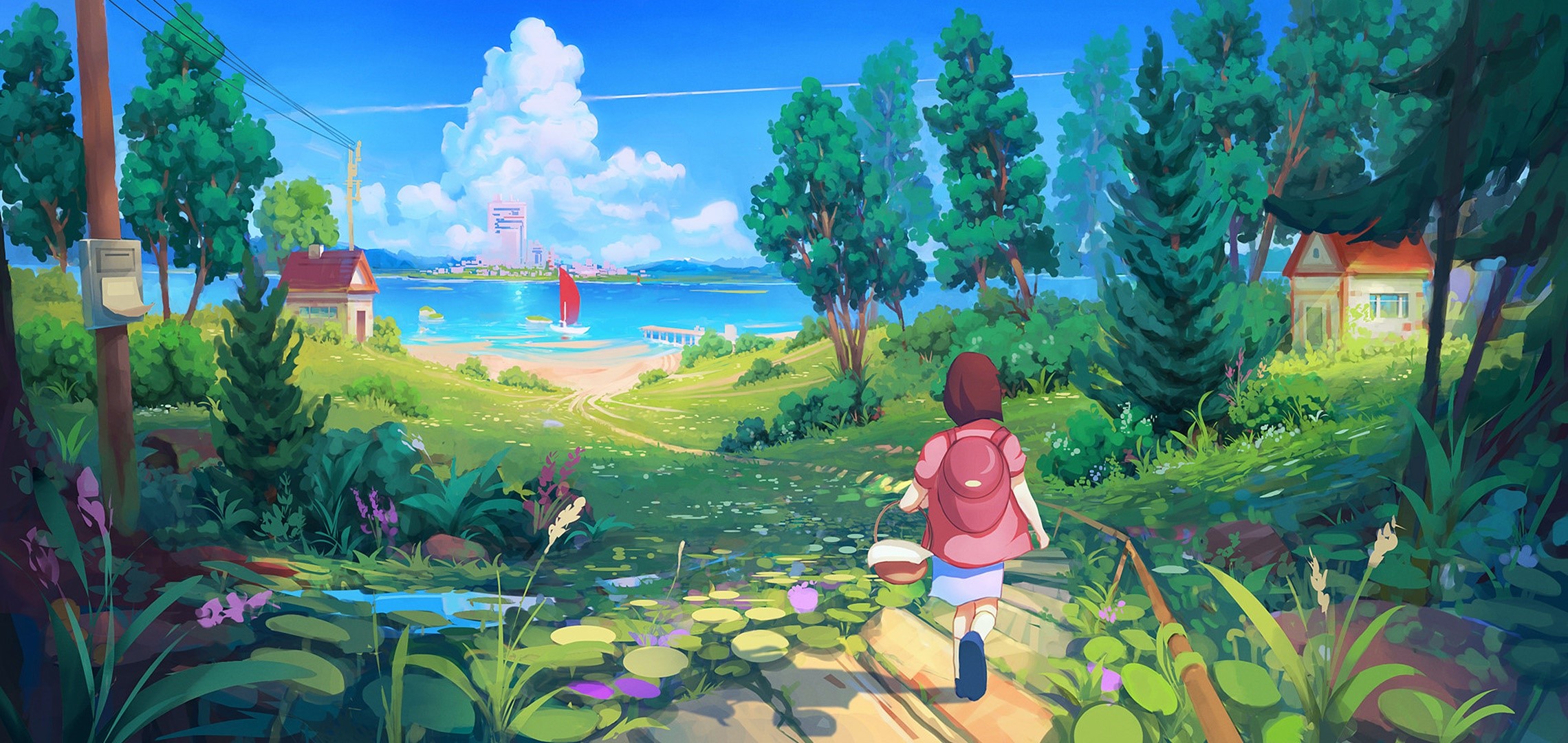 Anime girl with backpack walks towards a lake HD Wallpaper