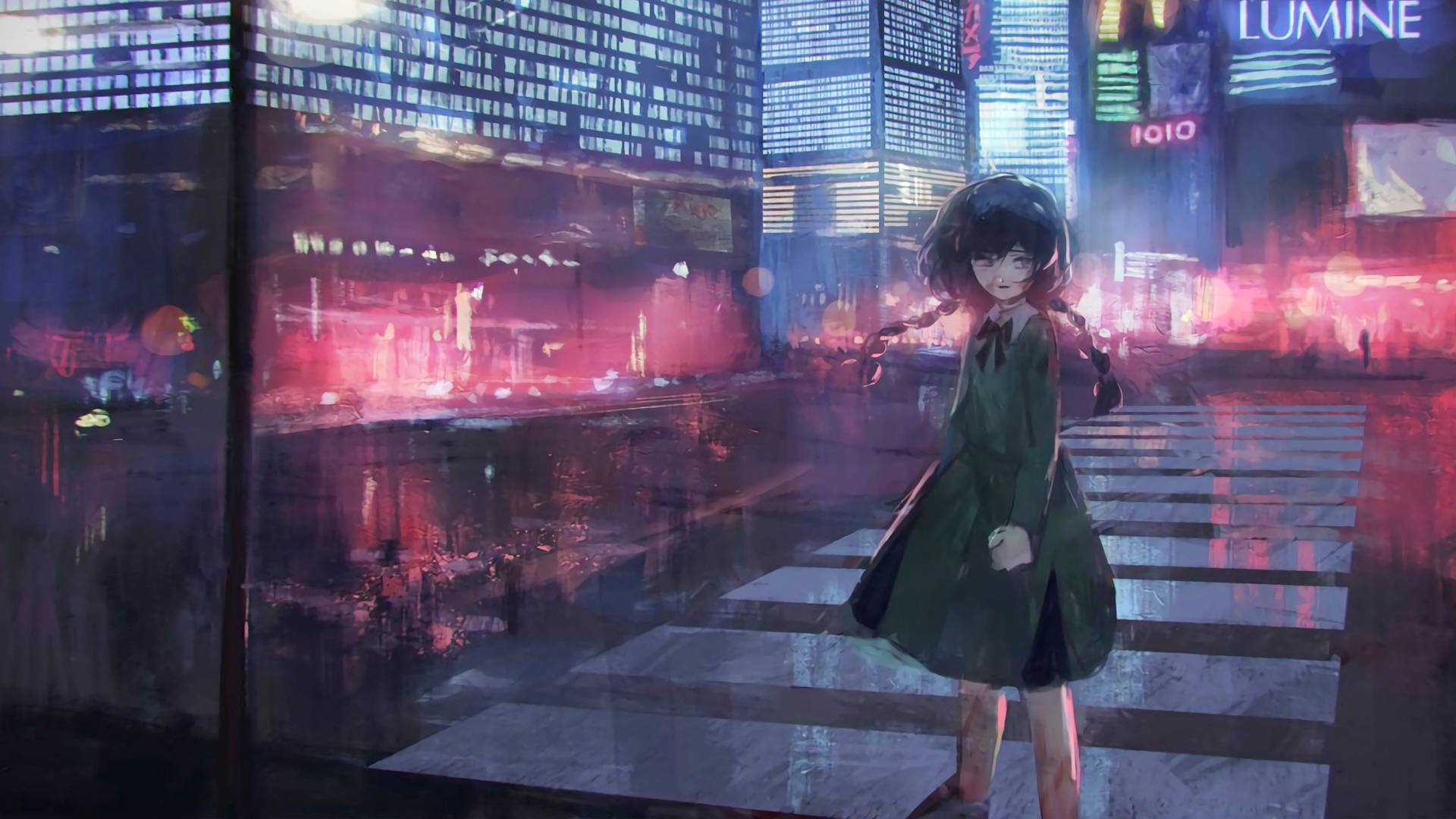 Anime girl with braided hair in a rainy city at night HD Wallpaper