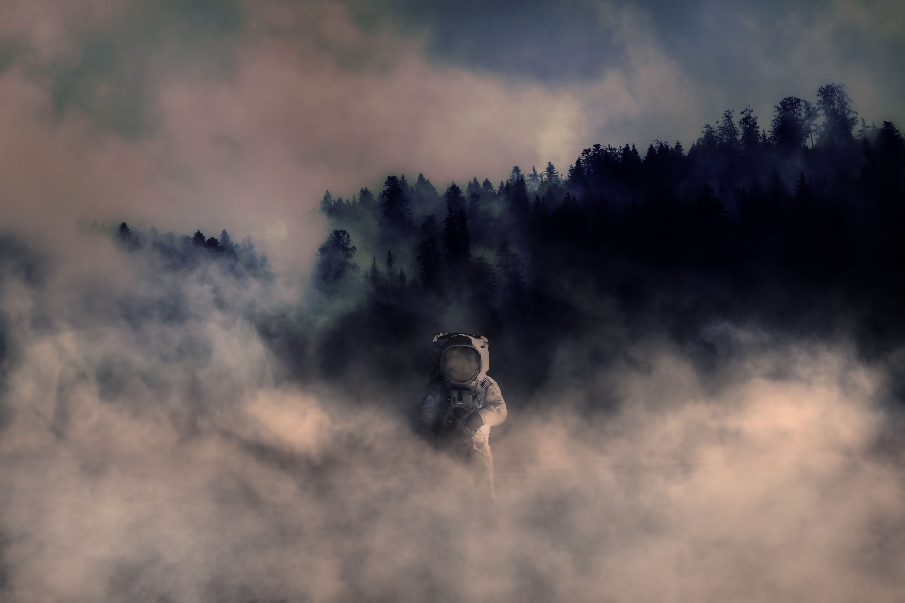 Astronaut in a misty forest HD Wallpaper
