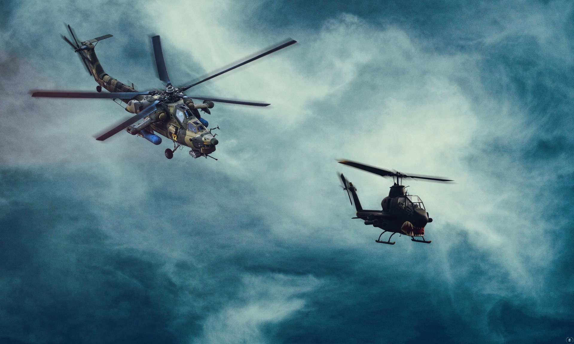 Two military helicopters flying in a cloudy sky HD Wallpaper