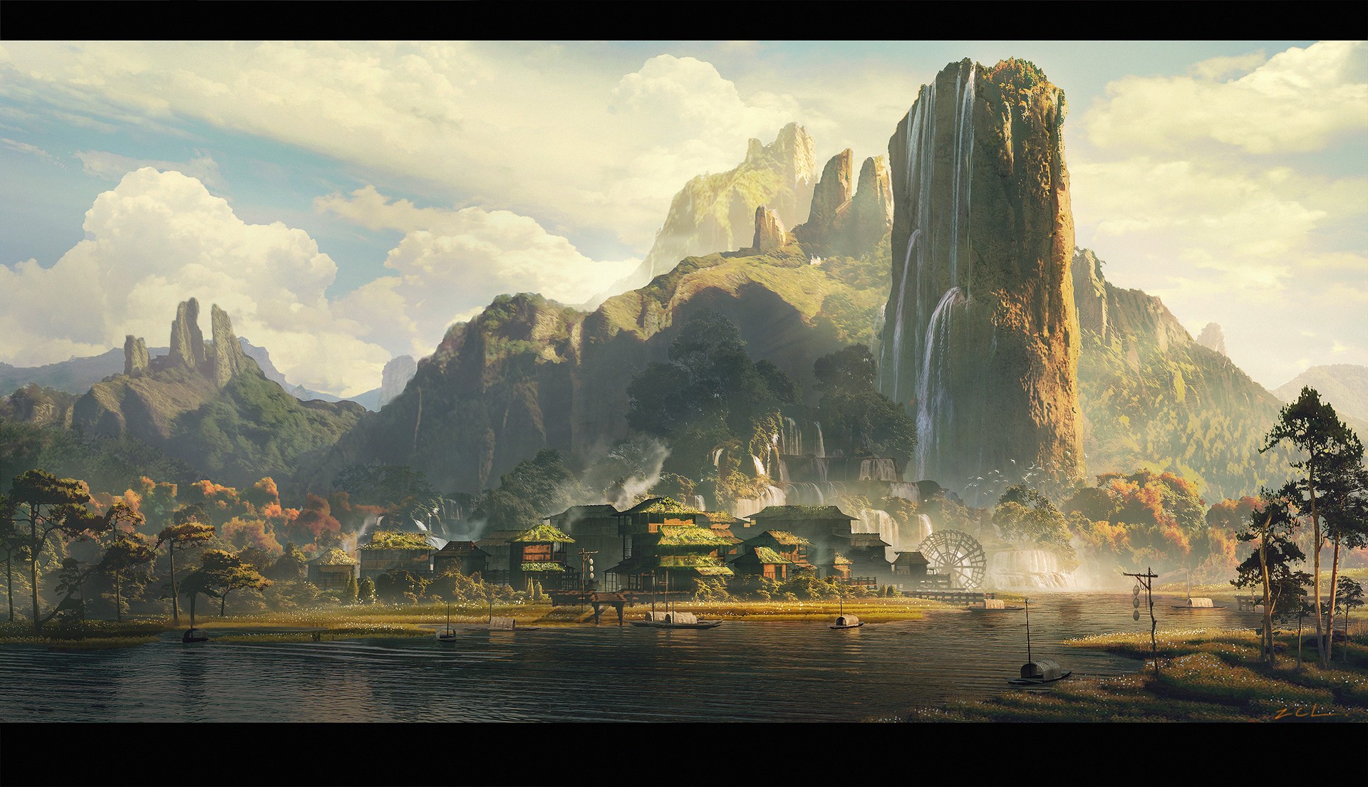 Fantasy Asian landscape with waterfalls and village HD Wallpaper