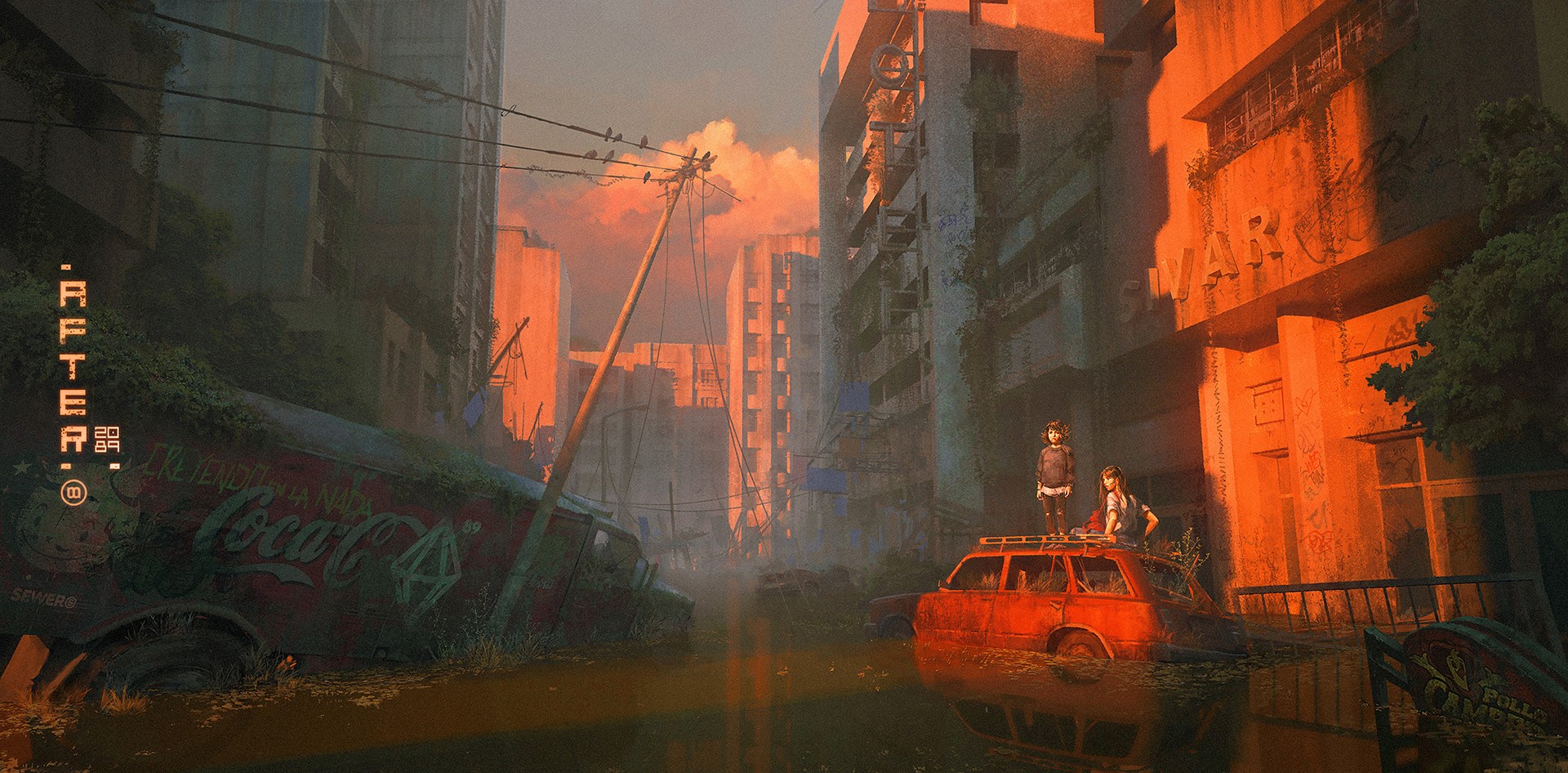 Post-apocalyptic city with two figures on a car HD Wallpaper