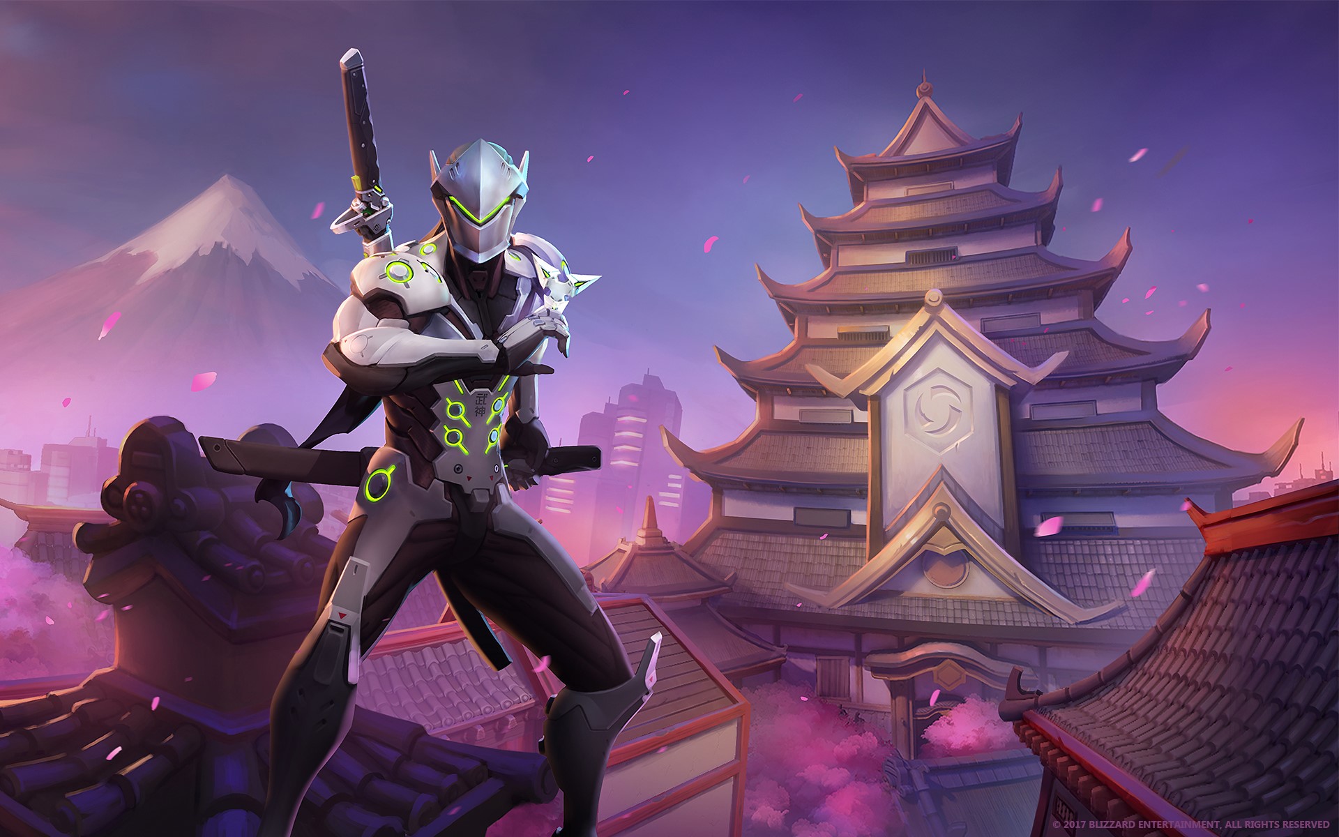 Genji from Overwatch in front of a Japanese temple HD Wallpaper