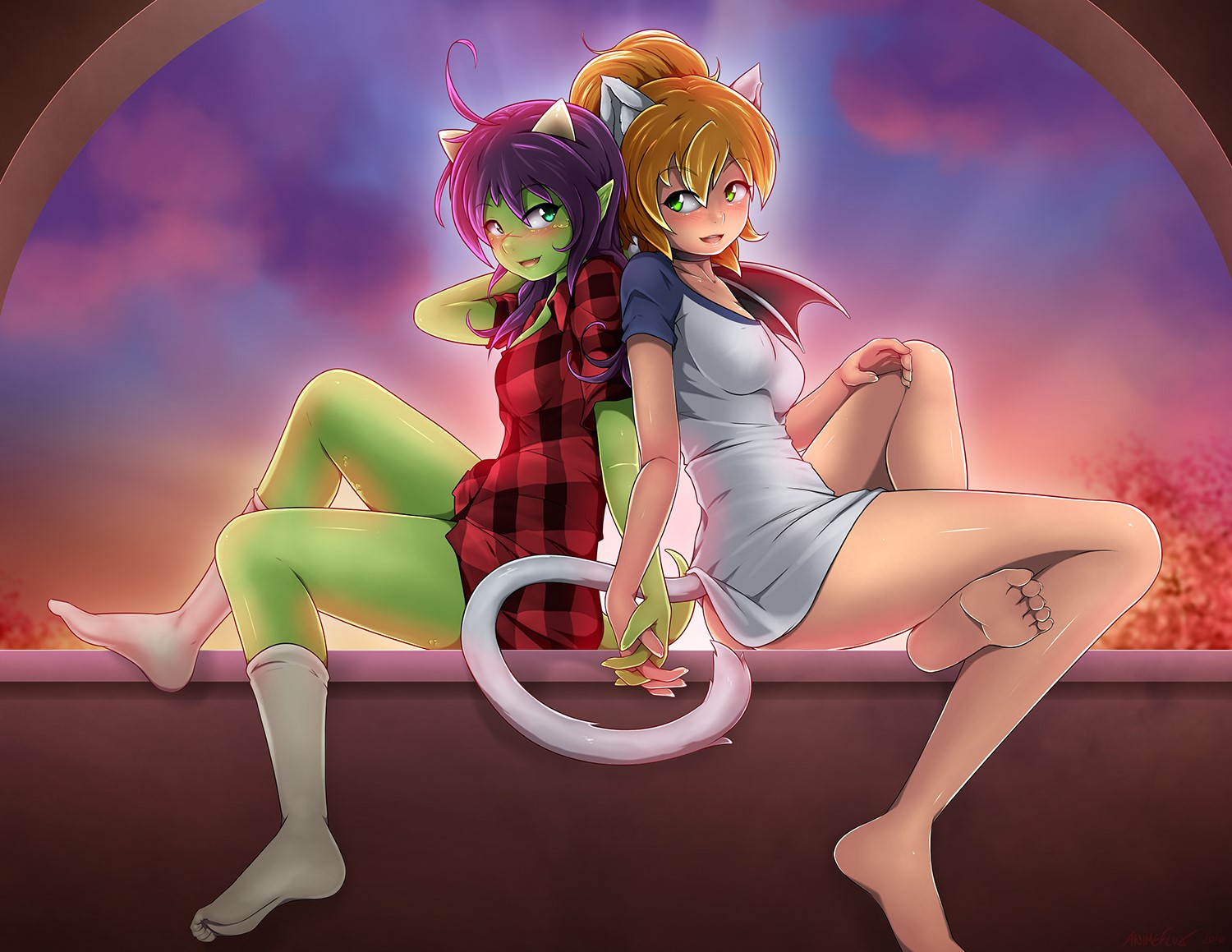 Two anime girls with animal ears sitting back to back HD Wallpaper