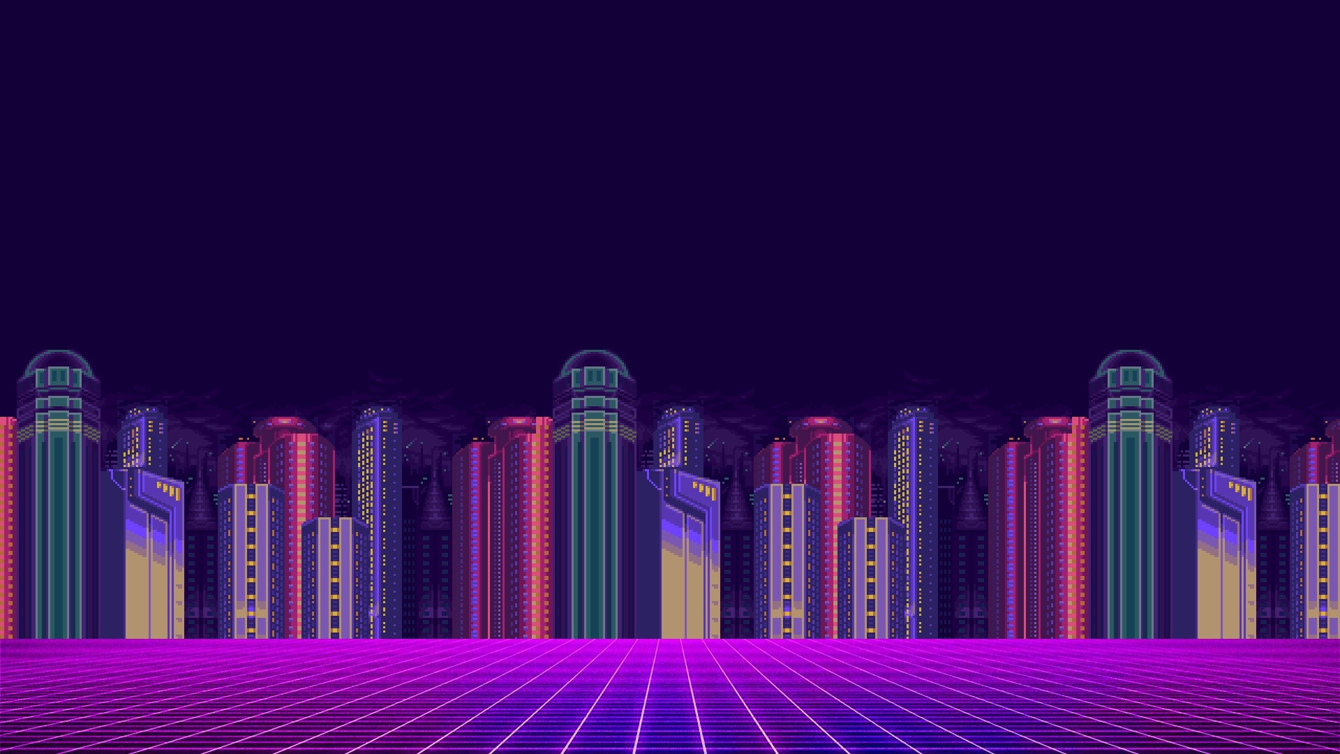 Pixelated Cityscape with Neon Grid HD Wallpaper