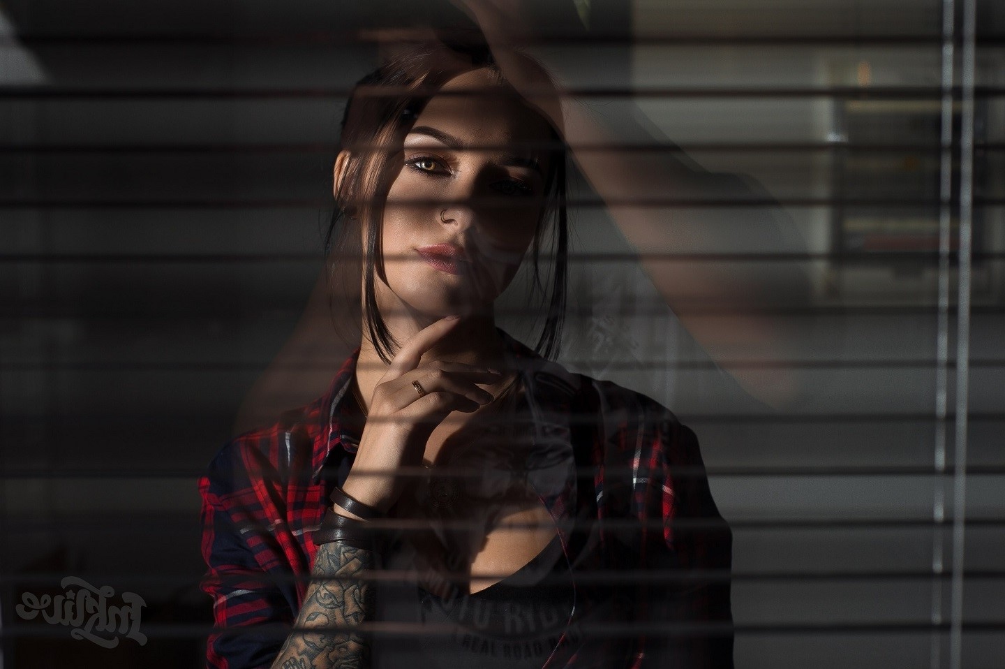 Woman with pierced nose and tattoos wearing plaid shirt HD Wallpaper