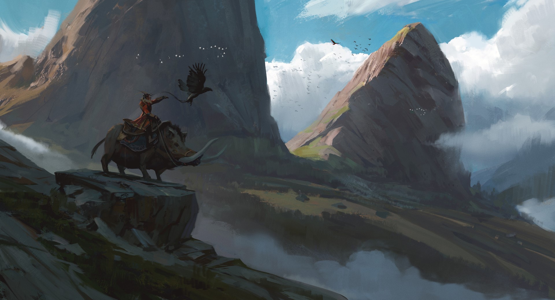 Fantasy art of a person riding a boar with birds in mountains HD Wallpaper