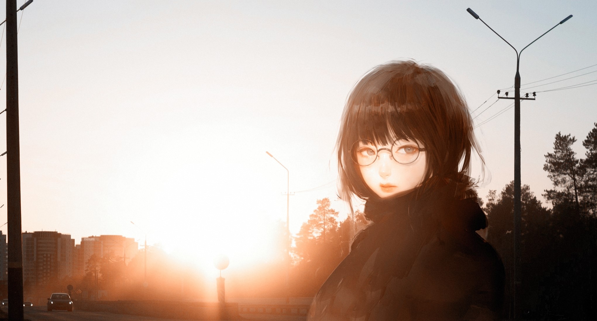 Anime girl with glasses in a city at sunset HD Wallpaper