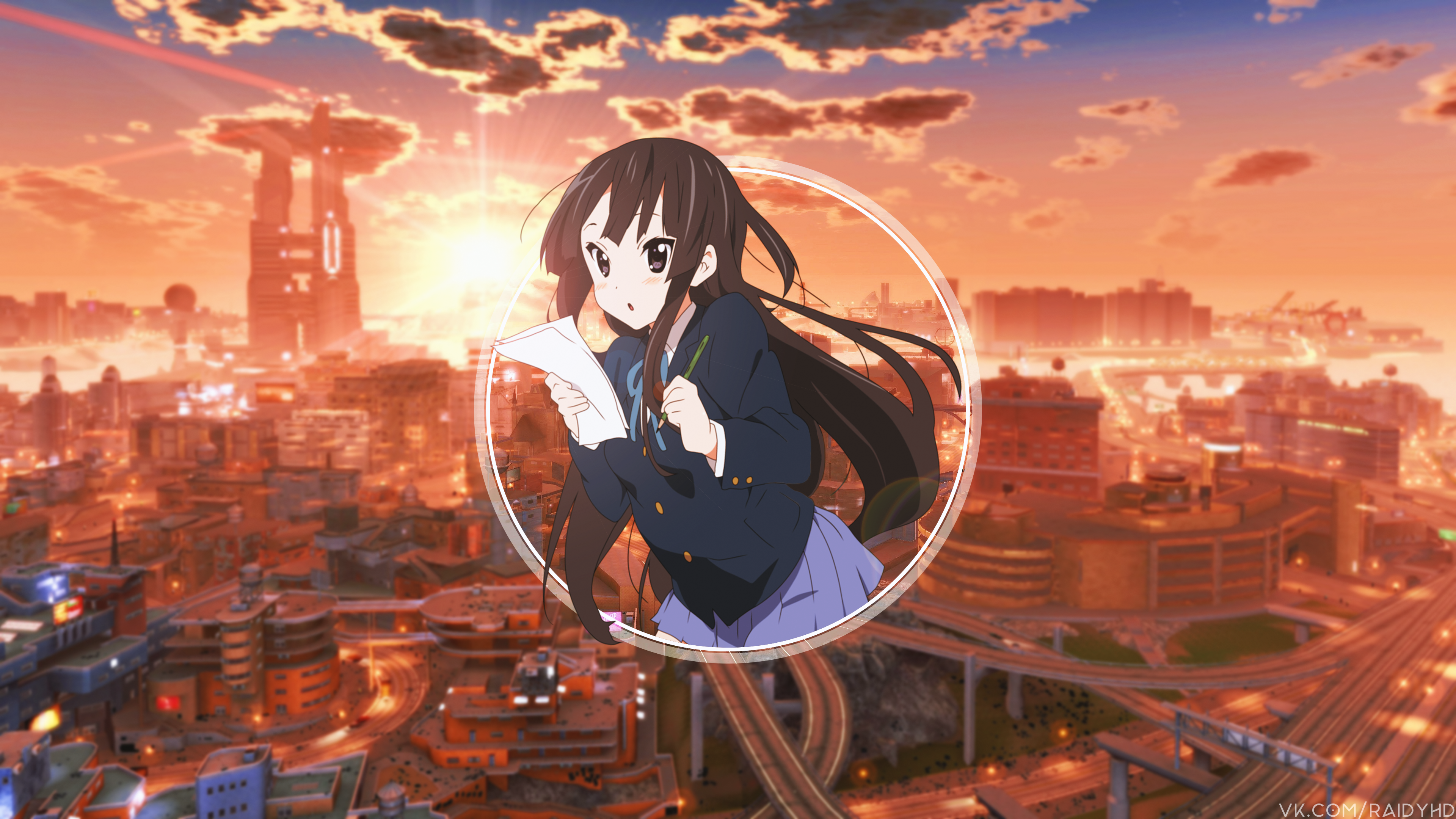 Akiyama Mio from K-ON! in a cityscape HD Wallpaper
