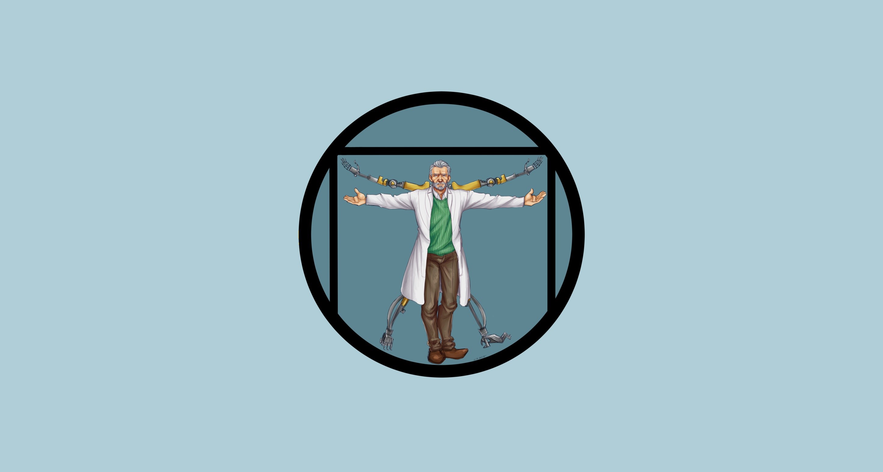 Vitruvian Man scientist with robotic limbs from Fallout HD Wallpaper