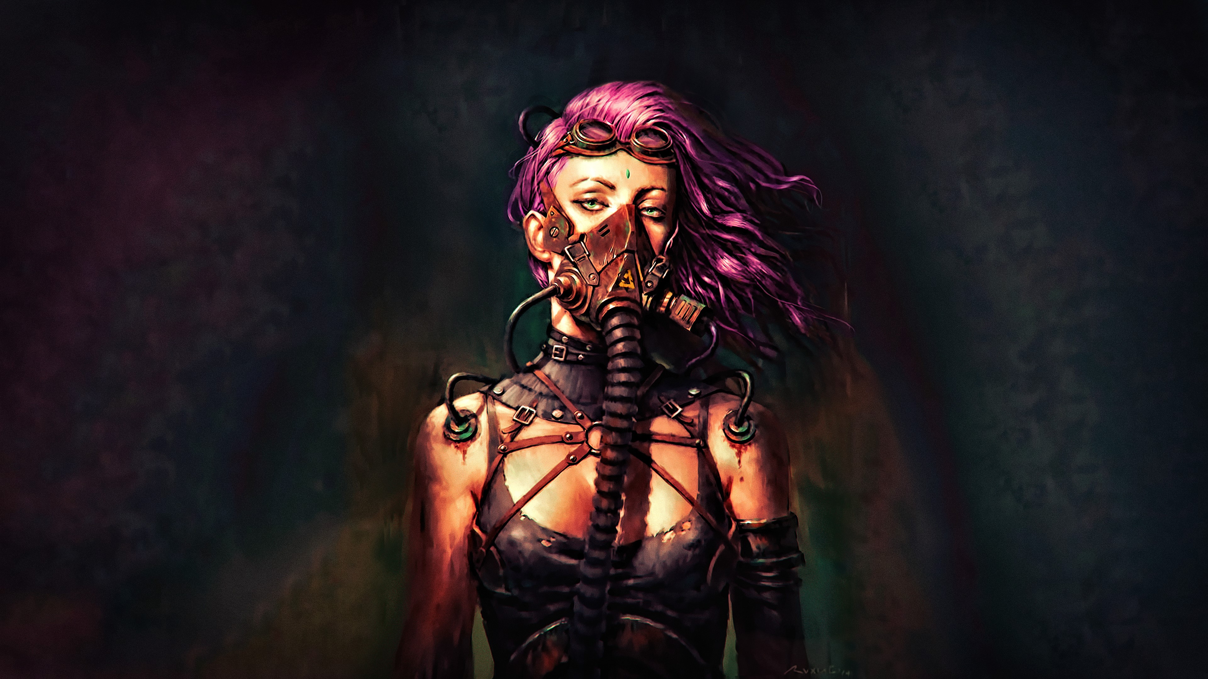 Woman with purple hair and gas mask, concept art HD Wallpaper