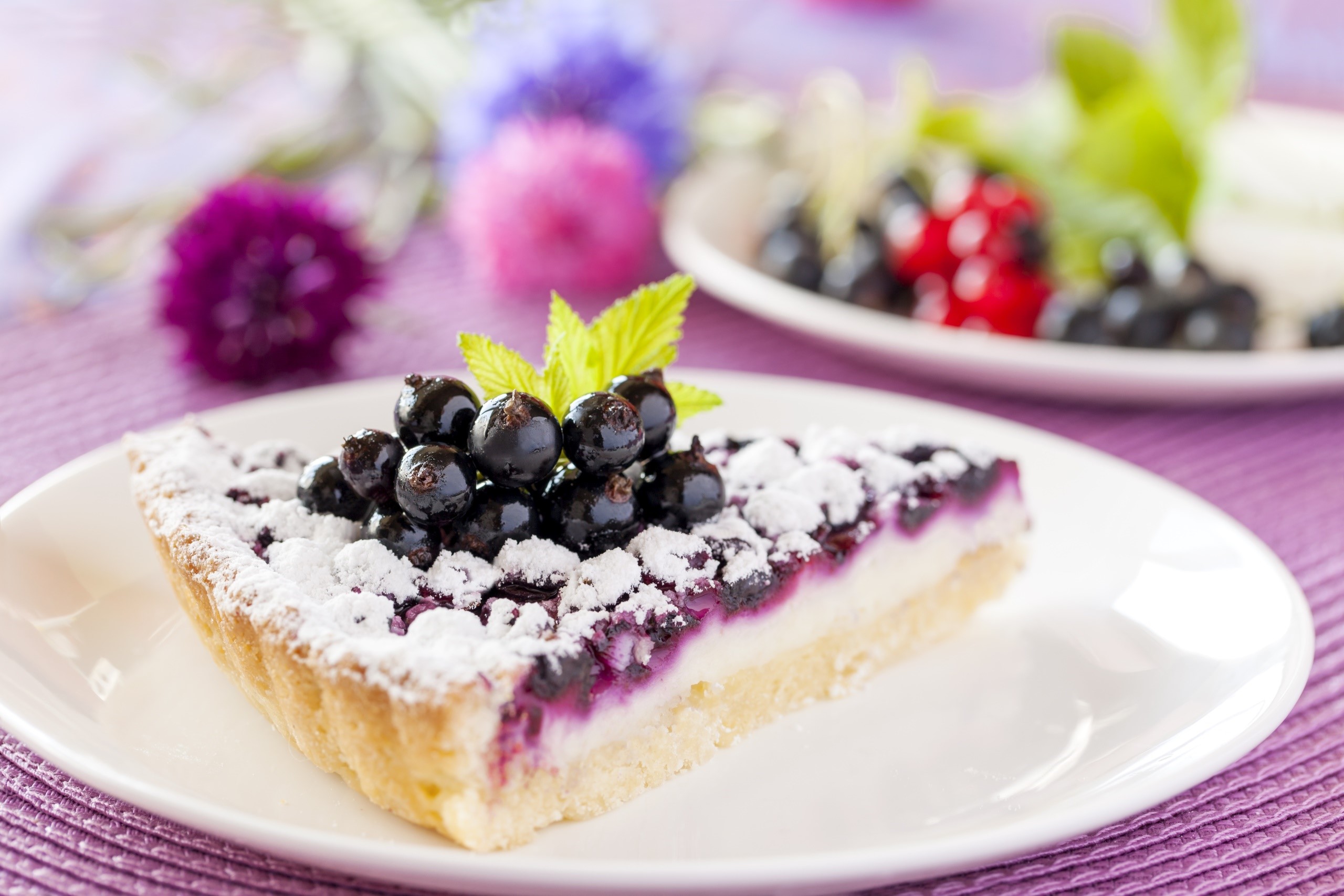 Slice of berry tart with powdered sugar and mint HD Wallpaper