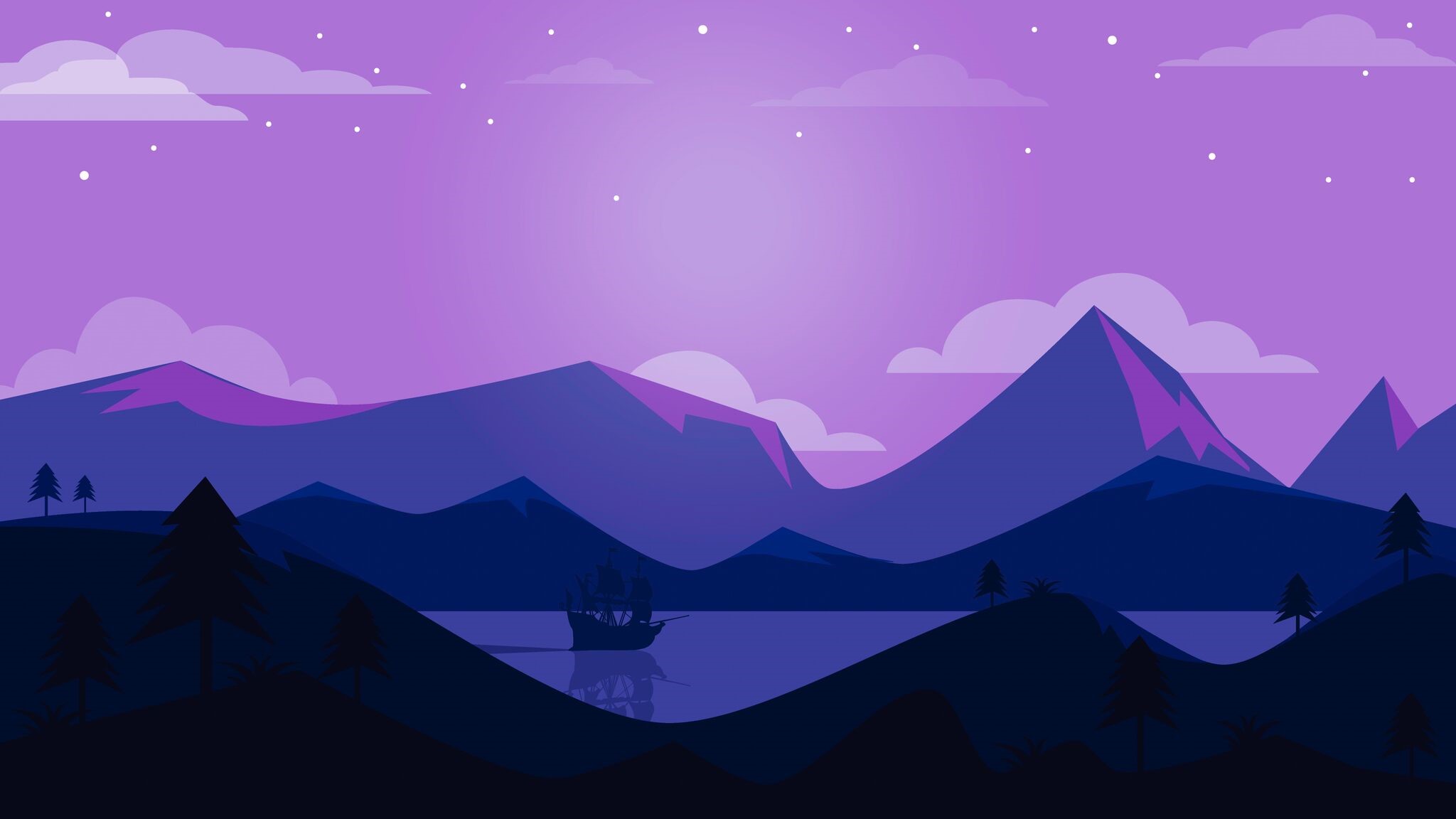 Minimalist landscape with a ship on the water HD Wallpaper