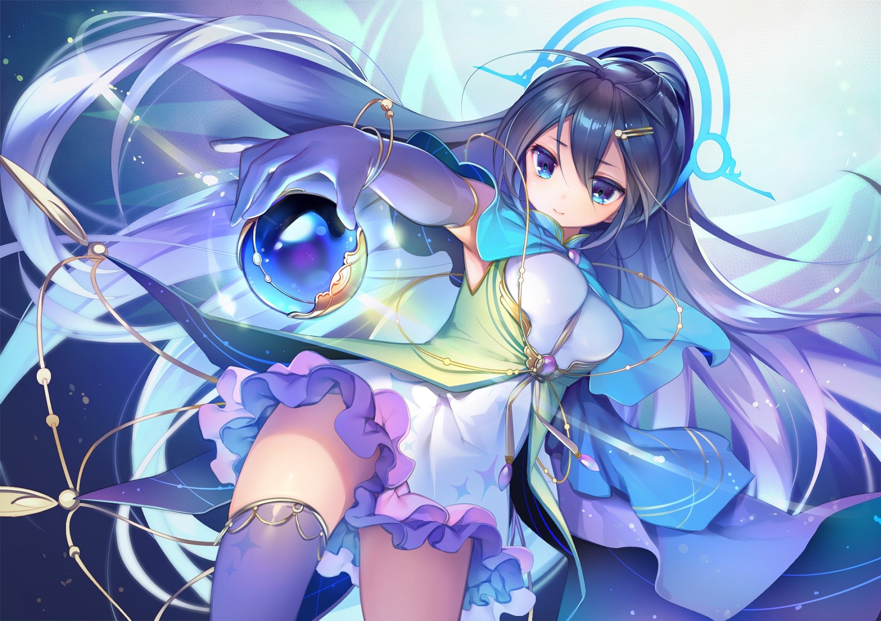 Anime girl with long dark hair holding a blue sphere HD Wallpaper