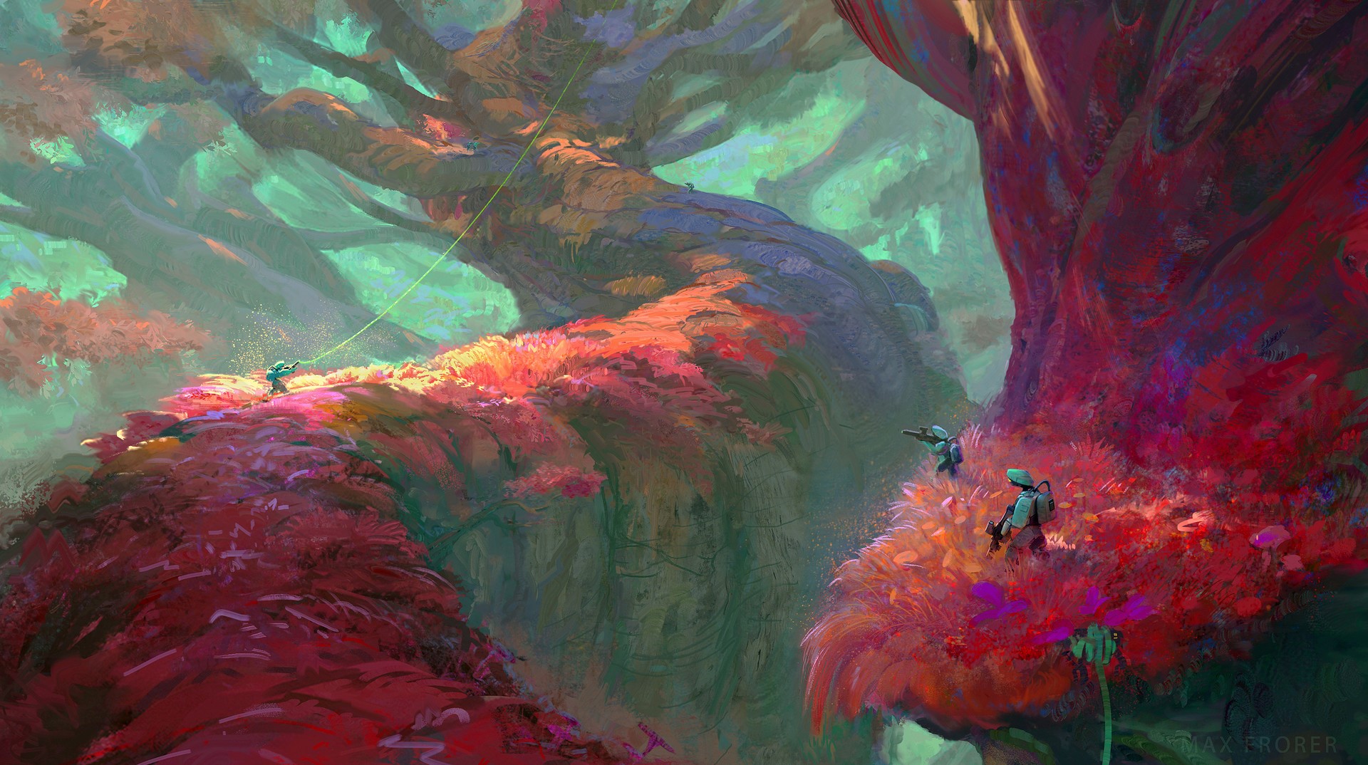Fantasy forest environment with explorers HD Wallpaper