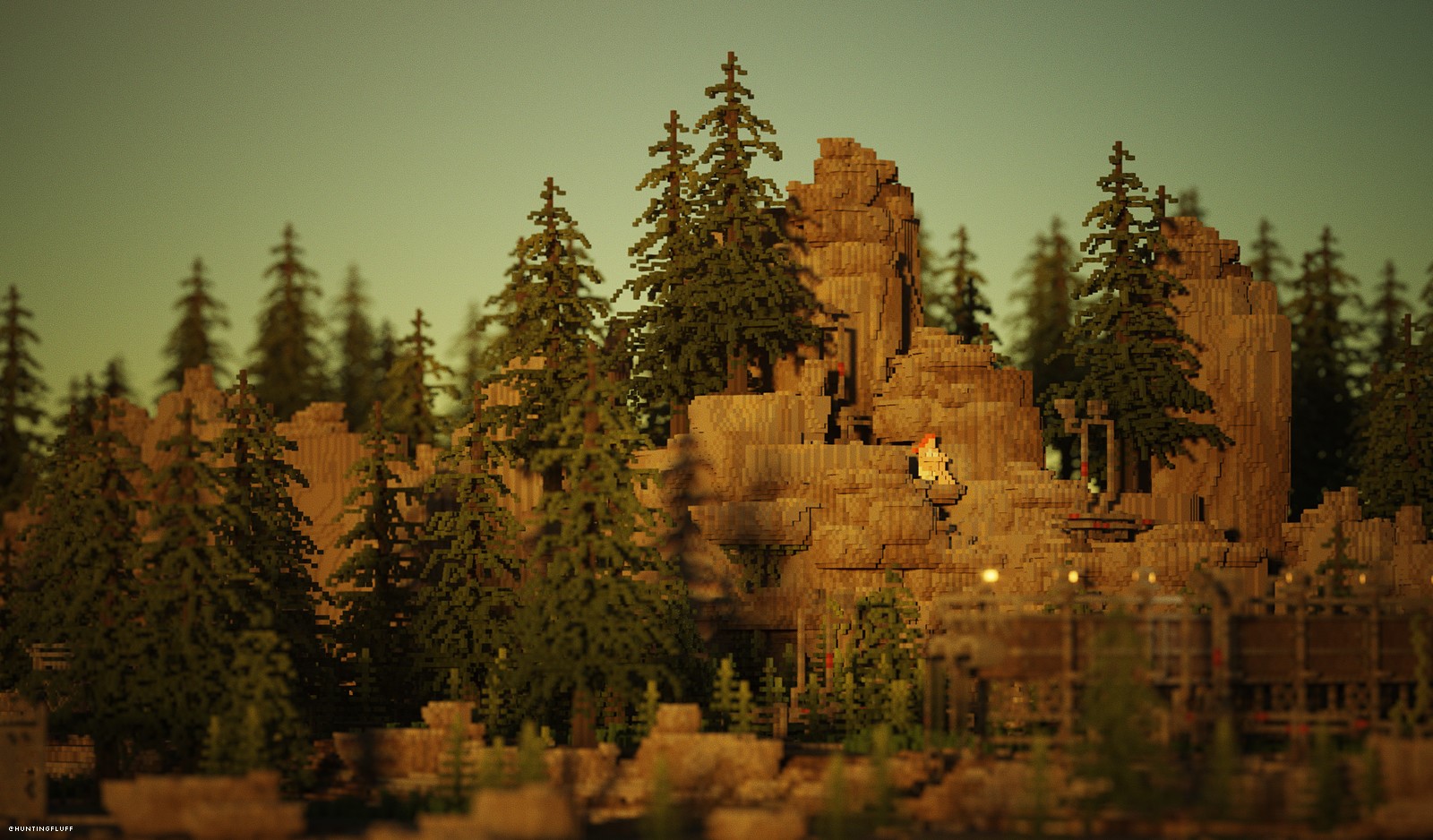 Digital art of a voxel forest landscape with rocky mountains HD Wallpaper