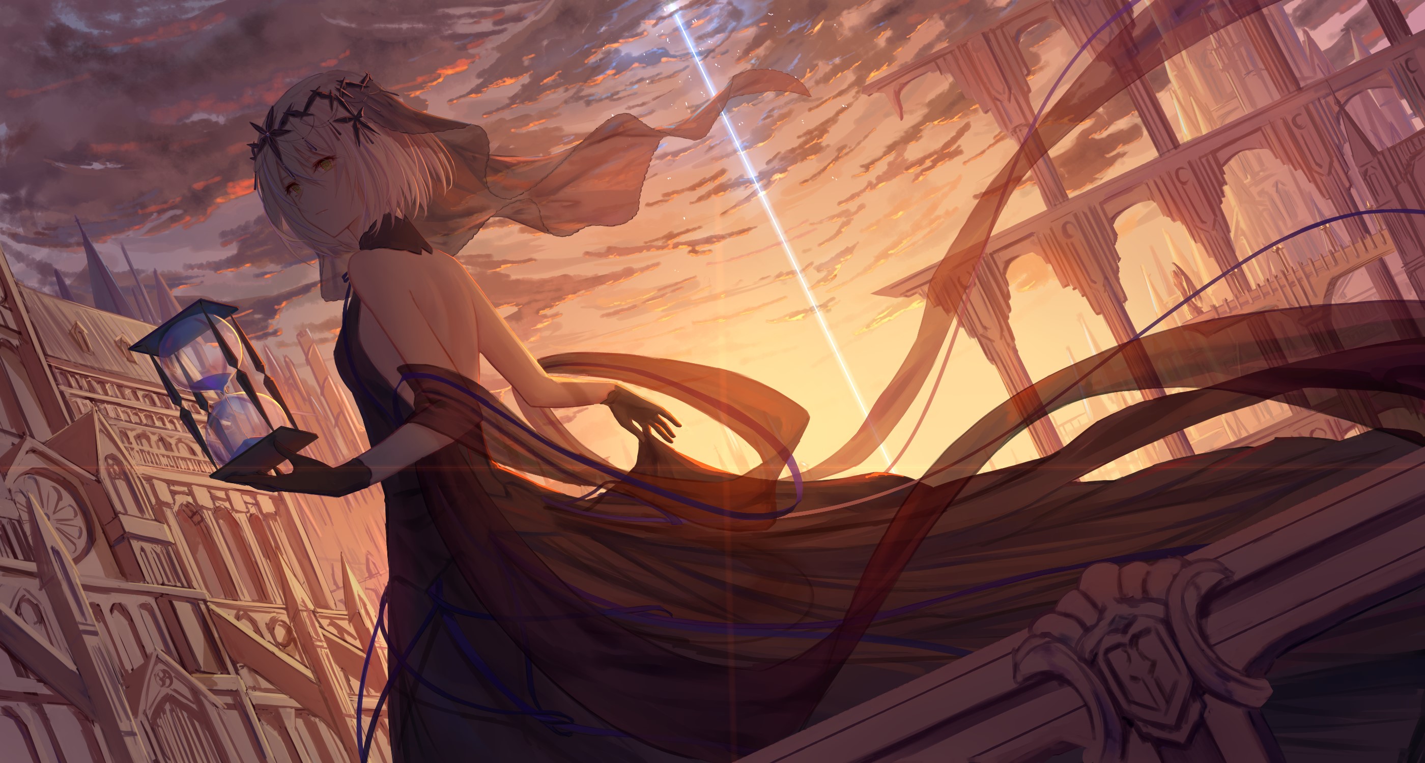 Anime girl with hourglass in gothic architecture at sunset HD Wallpaper